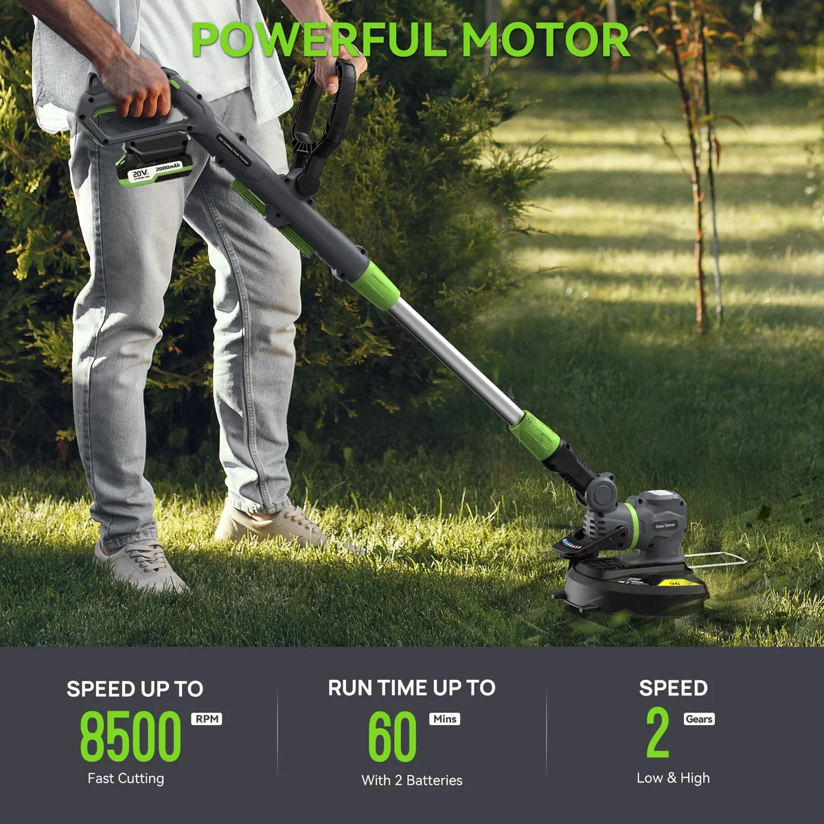Firstness String Trimmer Cordless, 20V Electric Weed Wacker with 2 Batteries & Charger, Powerful 8500 RPM, Grass Trimmer & Edger for Lawn Care, Y 0189