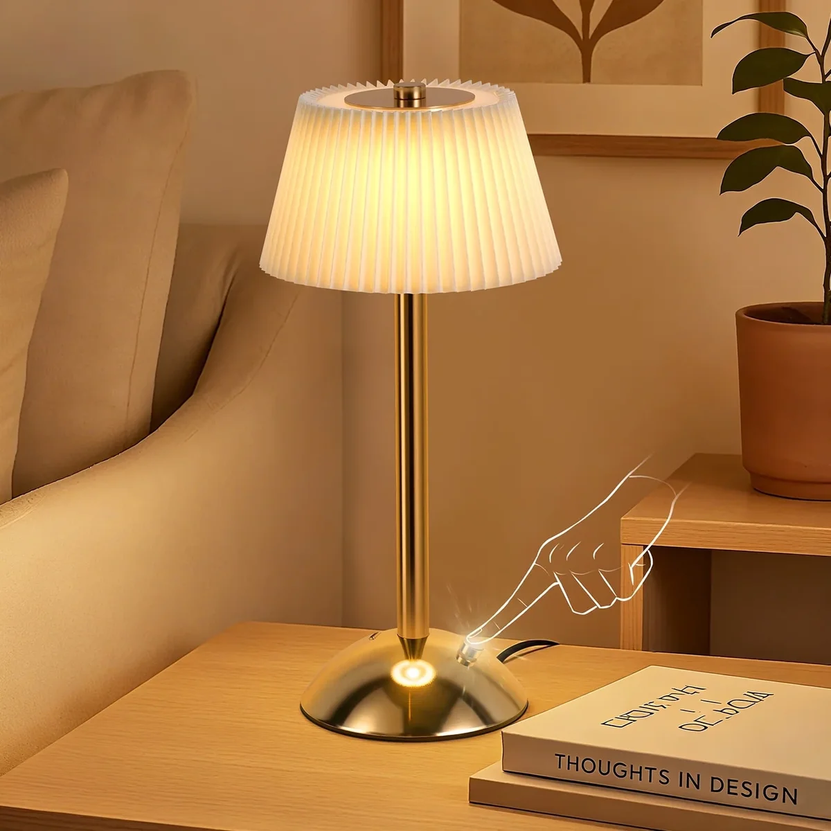 Coliware Portable Cordless Table Lamp, Small Gold Desk Lamp with Scalloped Shade, Rechargeable Battery Powered Lighting for Bedroom Living Room B 1139