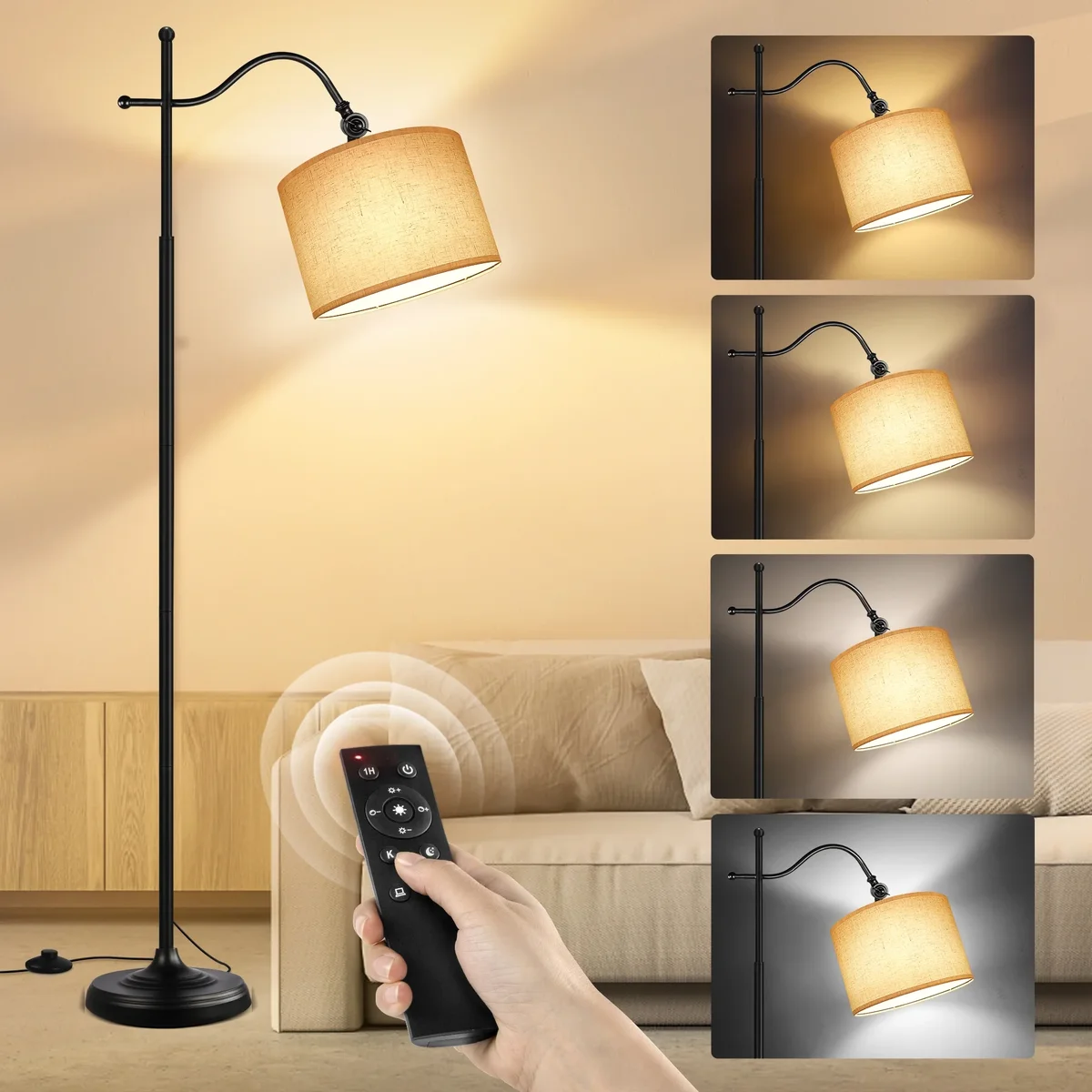 OUTON Arc Floor Lamp with Remote, 67" Retro Dimmable Standing Lamp with 4 Color Temperatures, Metal Tall Lamps for Living Room Bedroom, 9W Bulb I 1501