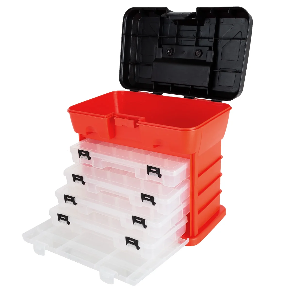 Stalwart Portable Tool Storage Box - Small Parts Organizer with 4 Multi-Compartment Trays for Fishing Tackle, Hand Tools, or Craft Supplies -(Red 2113