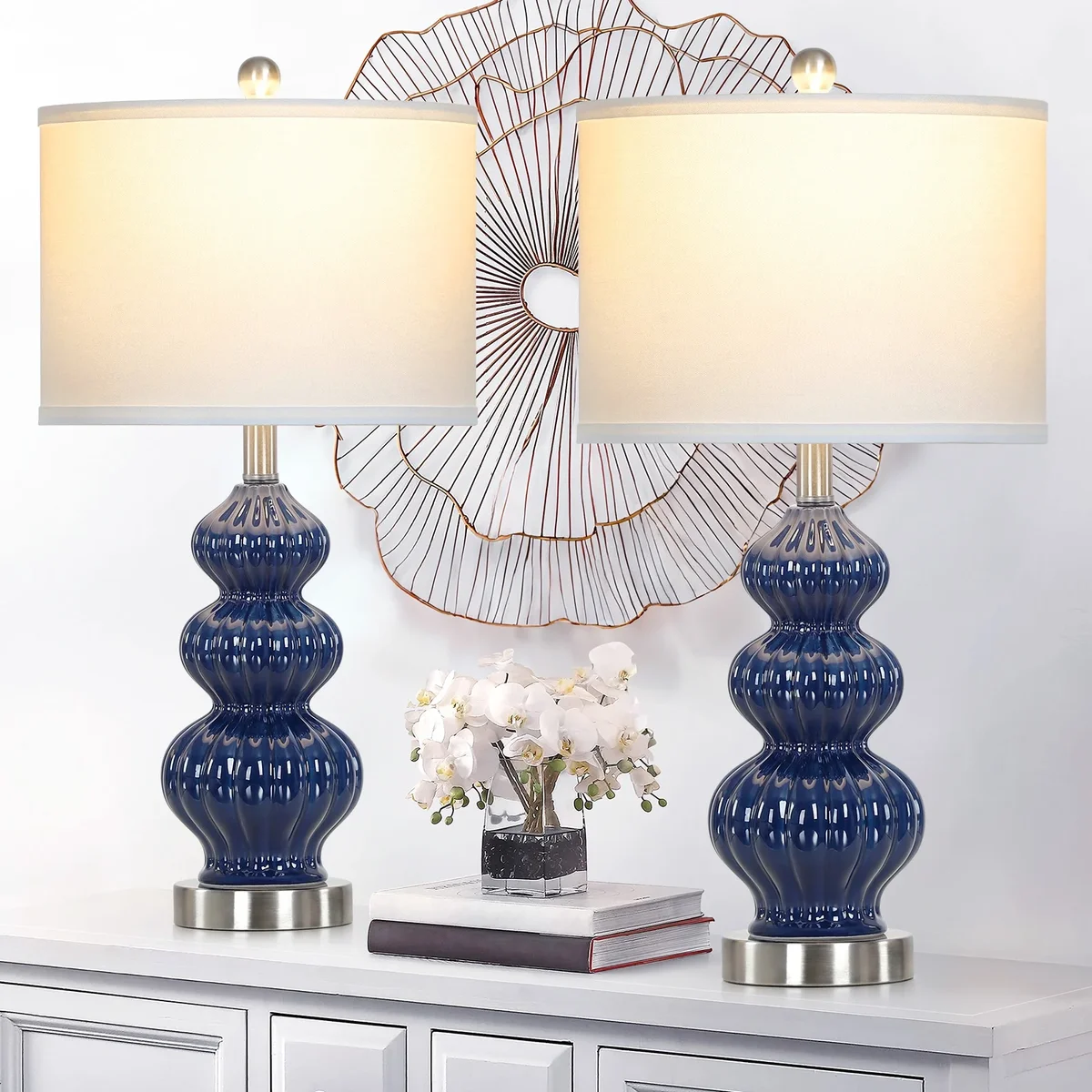 Everdaily Essentials Triple Gourd Ceramic Table Lamps Set of 2 with USB A+C Ports & AC Outlet, Modern Blue, 2-Step Switch, 25.5" Height Ref. 5901