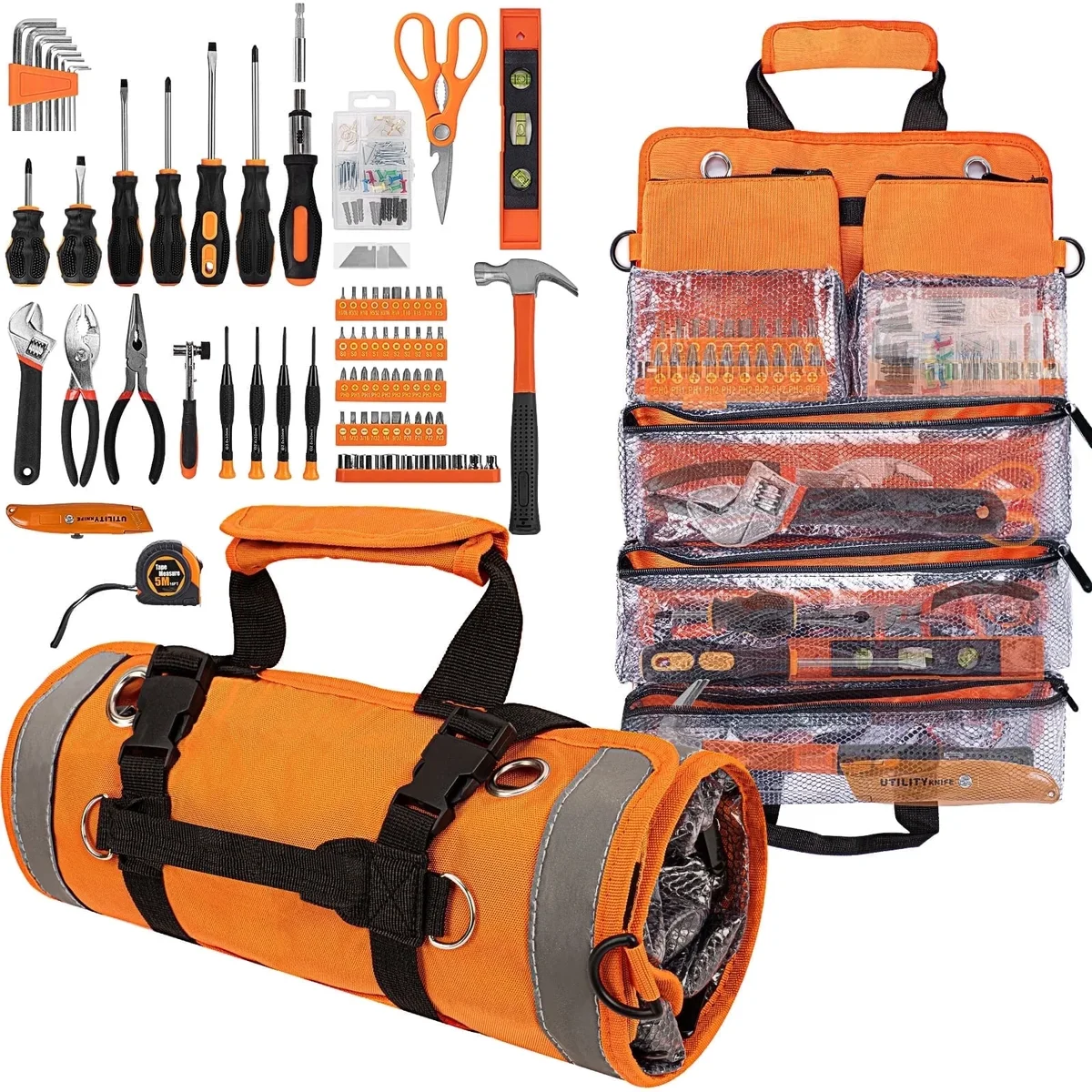 STARWAL 18Pc Orange Tool Set, Home Tool Kit for DIY w/ Hammer, Pliers, Wrenches, Duty Roll up Foldable Tool Bag 2586