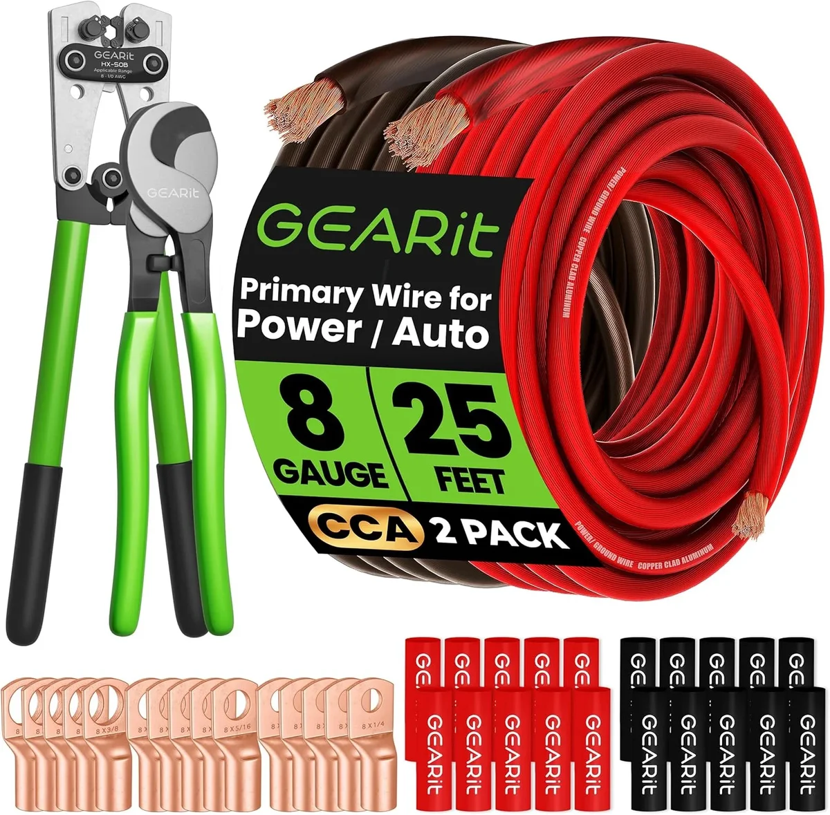 GEARit 8 Gauge Ground Wire Kit, CCA, (25FT Each - Black and Red) Includes Crimping Tool, Cutter, 15 Lugs, 20 Heat Shrink Wrap 5907