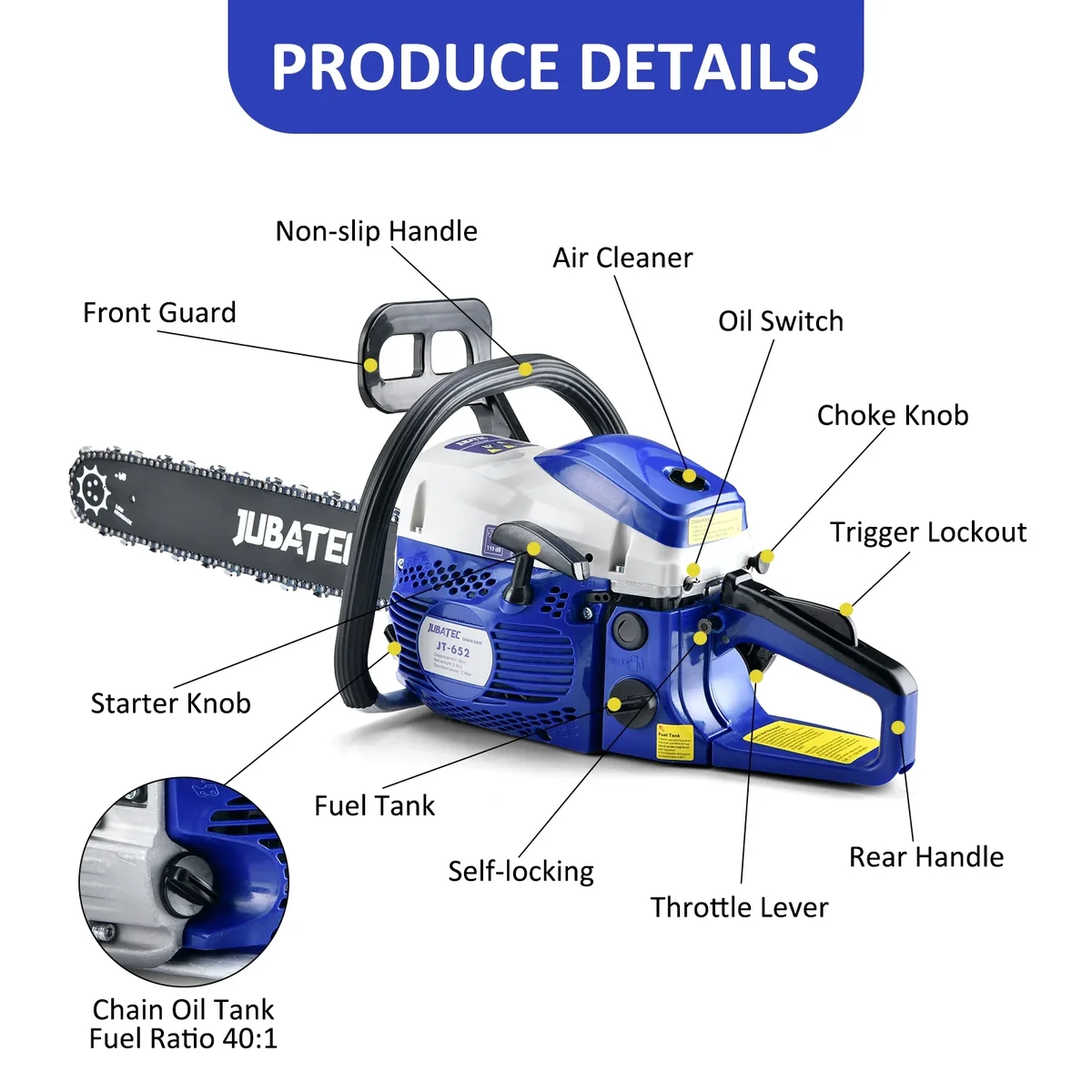 JUBATEC 58cc Gas Chainsaw 2-Cycle Engine Gas Powered Chainsaws 20 Inch Petrol Handheld Cordless Gasoline Chain Saw for Cutting Wood Tree Trimming Farm Ga 9217