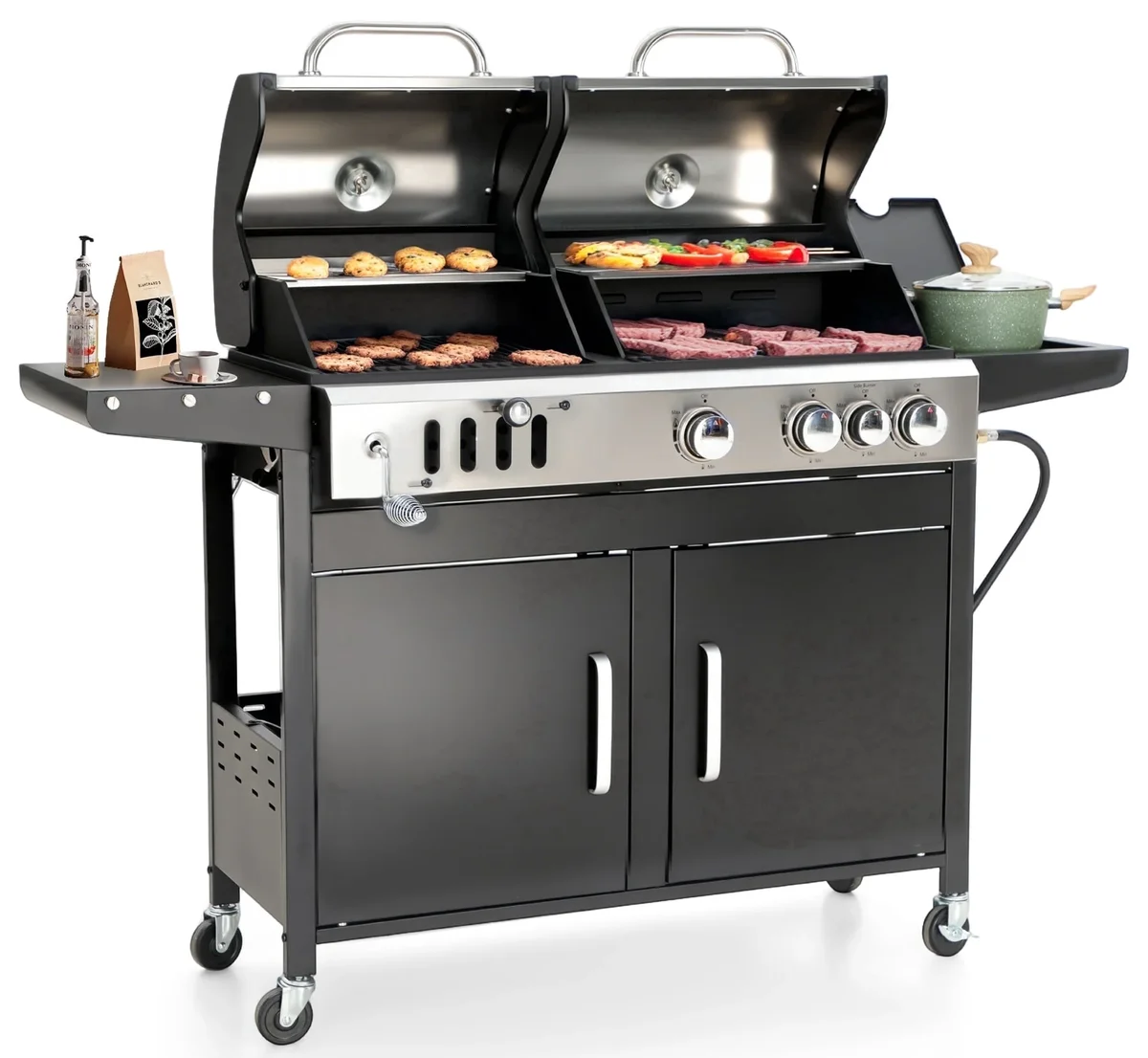 MF Studio Gas and Charcoal Grill Combo Dual Fuel 3-burner 37,000 BUT BBQ Grill with Side Burner 5313