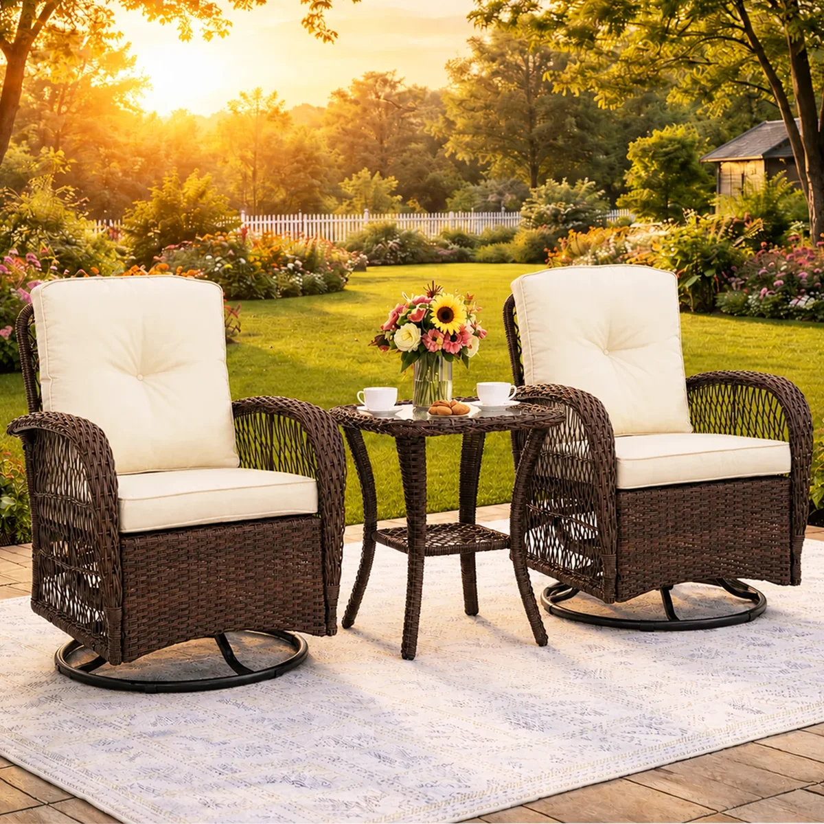 Seizeen Outdoor Patio Bistro Set, 3 Pcs Rattan Wicker 360° Swivel Rocking Chairs Set, Balcony Porch Furniture with 2-Tier Coffee Table, Thickened Cushio 7869