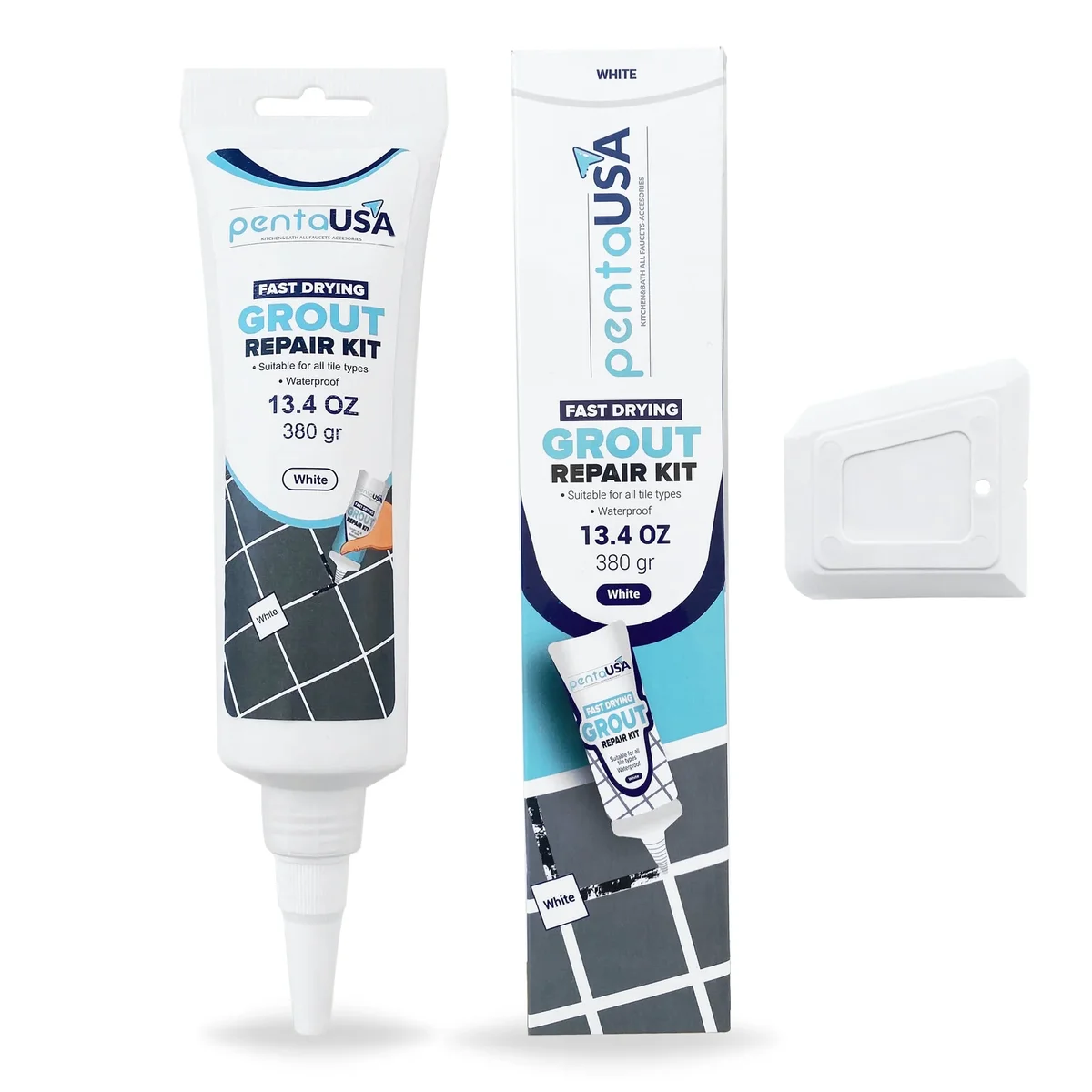 PentaUSA White Tile Grout - 13.4oz,380gr Large Grout Filler Repairs Renews Tube, Fast Drying Grout Repair Kit, Odorless Formula - Grout Floater I 6181