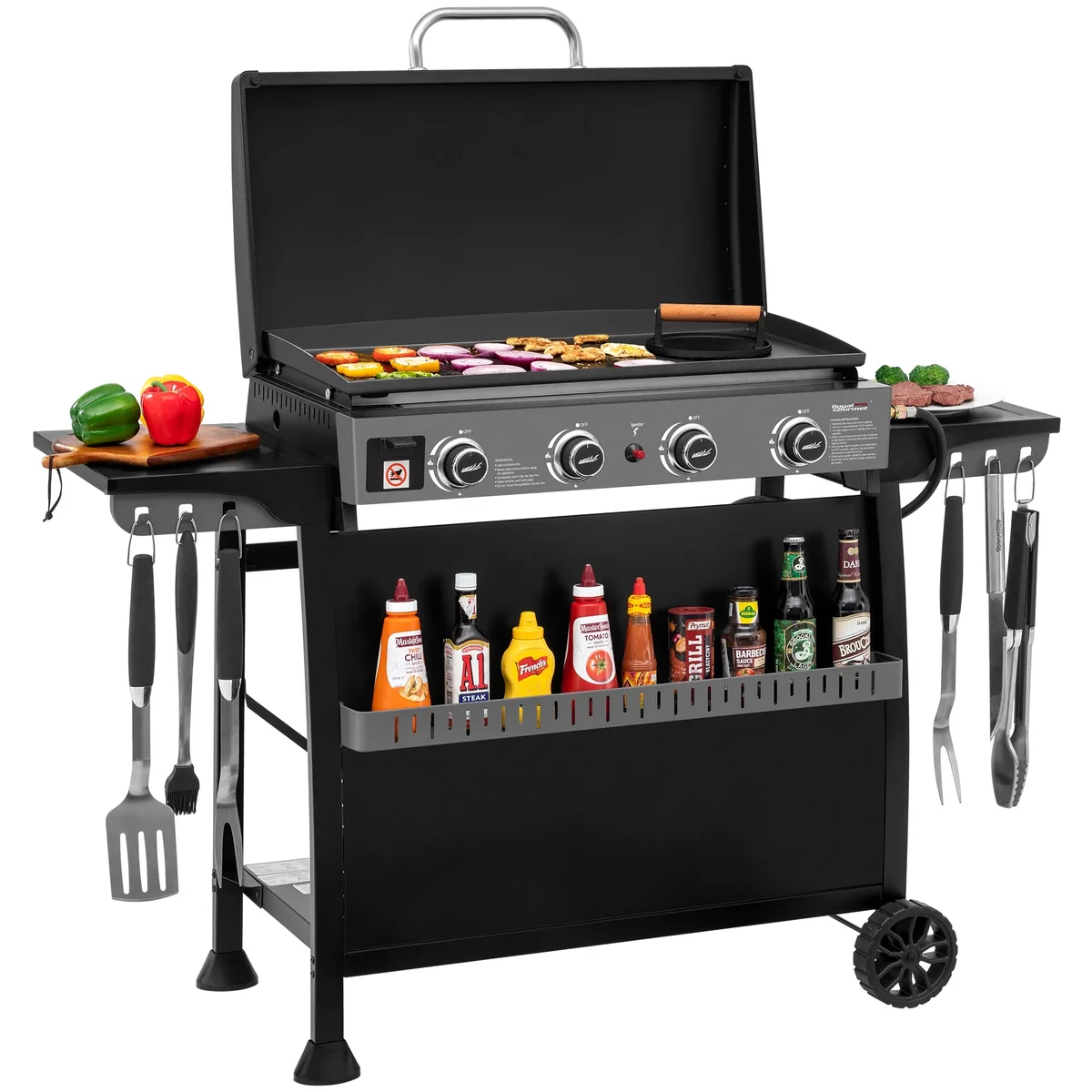 Royal Gourmet PD4001 30-Inch 4-Burner Gas Griddle with Hood, Tabletop Gas Griddle with Removable Standing Cart, Free-Standing Cart with Side Shel 4234