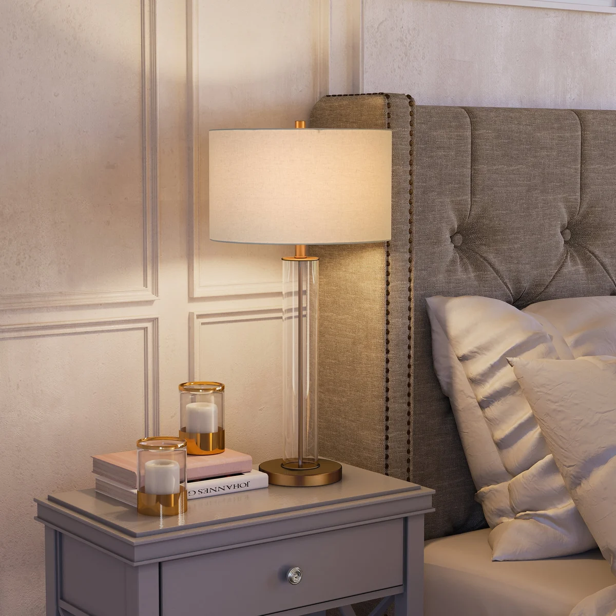 Everdaily Essentials 29" Traditional Clear Glass Table Lamp with White Drum Linen Shade Ref. 9205