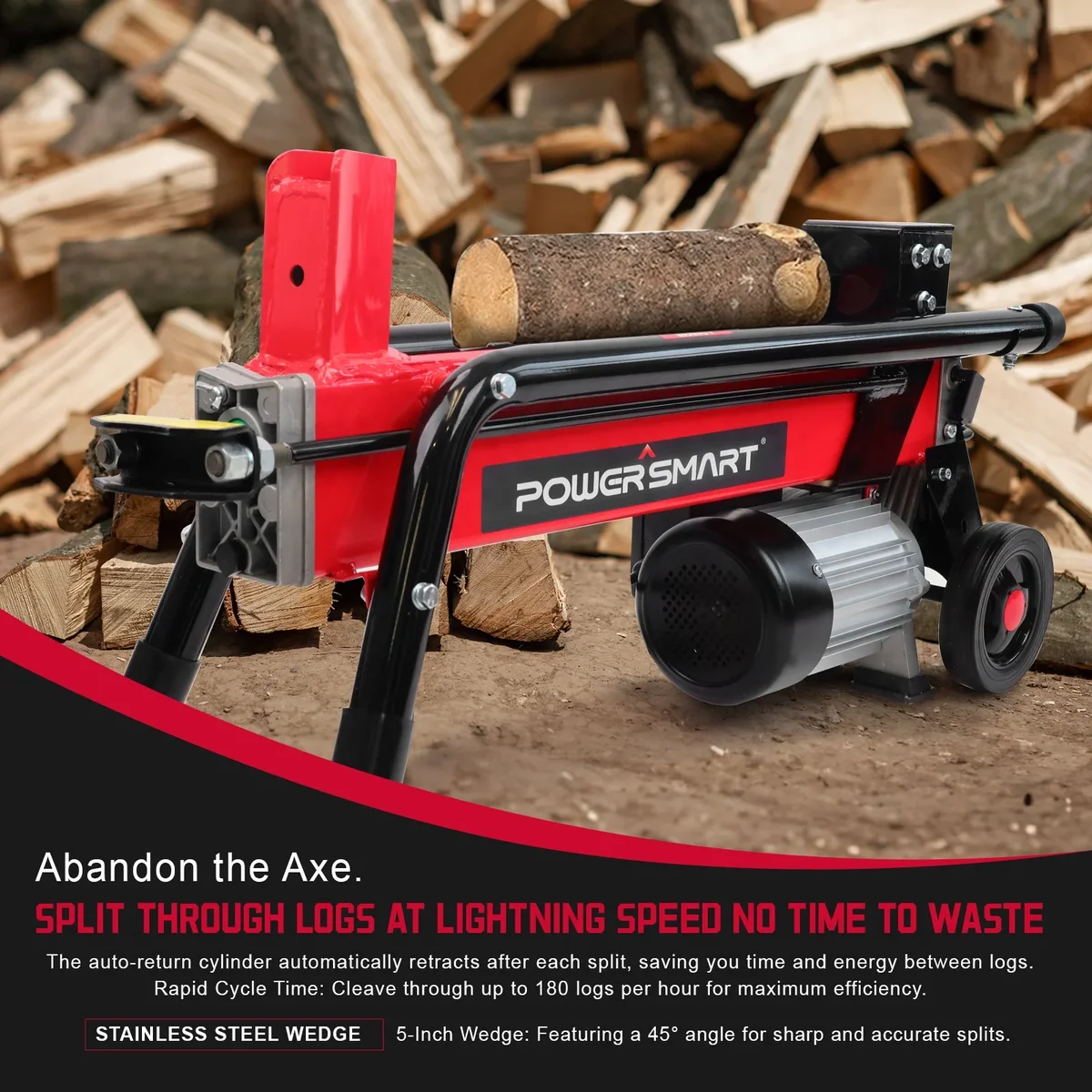PowerSmart 7-Ton Electric Log Splitter – 15A, 3500 RPM, 3200 PSI Horizontal Full-Beam Wood Splitter with Steel Wedge for Firewood & Kindling 1474