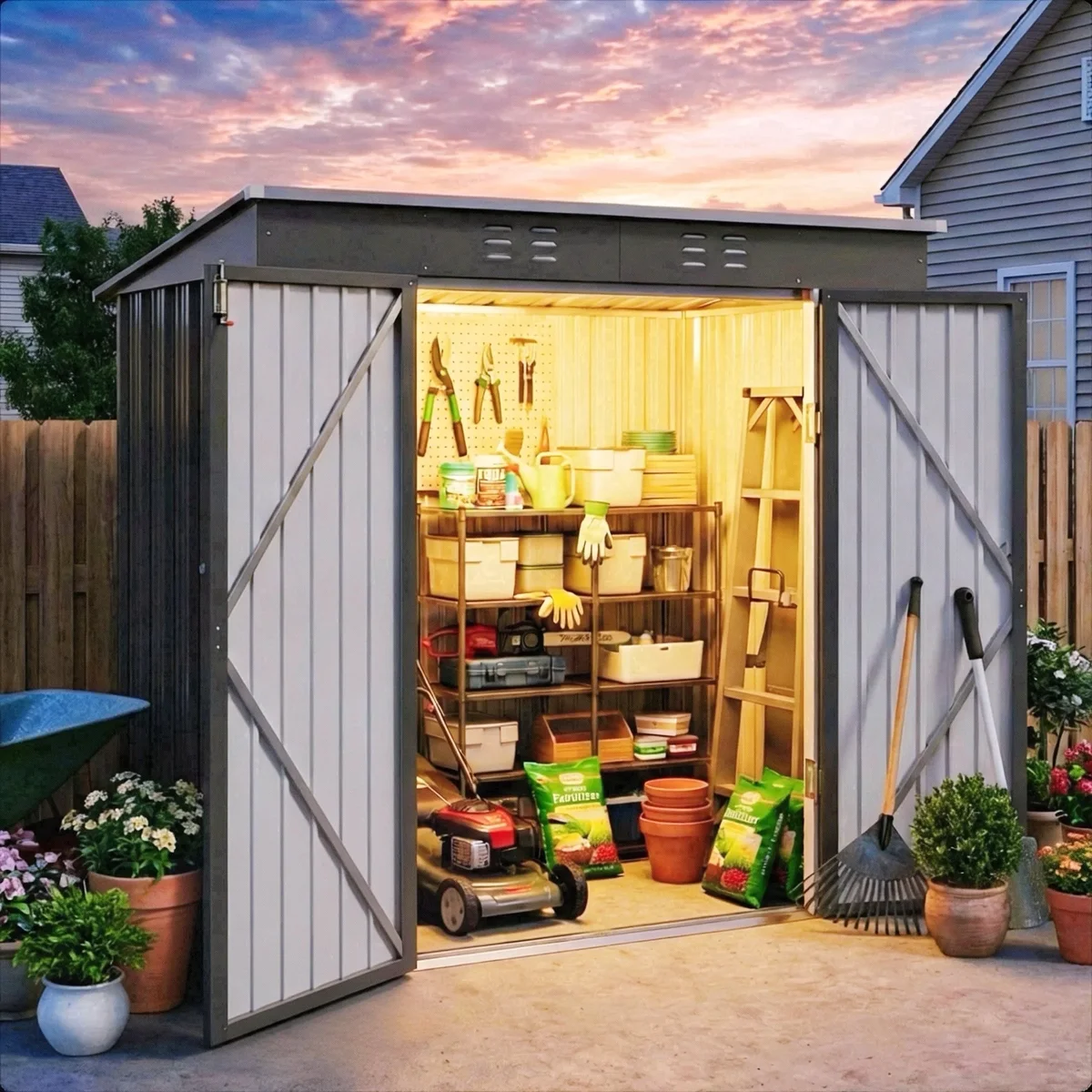 Everdaily Essentials Storage Shed 6x4 FT Outdoor Metal Shed, Lockable Double Doors Garden Tool Shed for Bike, Lawn Mower Storage, Waterproof Galvanized Steel, 1990