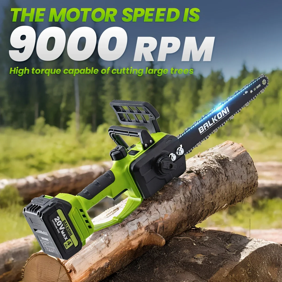 BALKONI 12 Inch Cordless Brushless Electric Chainsaw, 9000RPM High Speed Upgraded Motor, 2*4.0Ah Battery & Auto Oiler,3× Chains, Lightweight Compact Han 0432