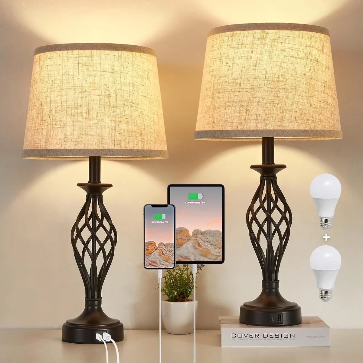NATYSWAN Table Lamps Set of 2 with USB C+A Ports, Modern Bedside Lamps with Spiral Cage Base, Fabric Shade, Nightstand Lamp for Living Room Bedro 6115