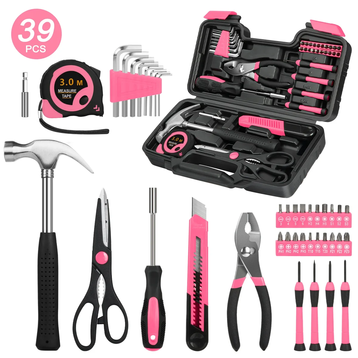Cshidworld 39-Piece Tool Set General Household Hand Kit with Plastic Toolbox Storage Case, Basic Home Tool Kit for Girls Ladies and Women - Inclu 3143