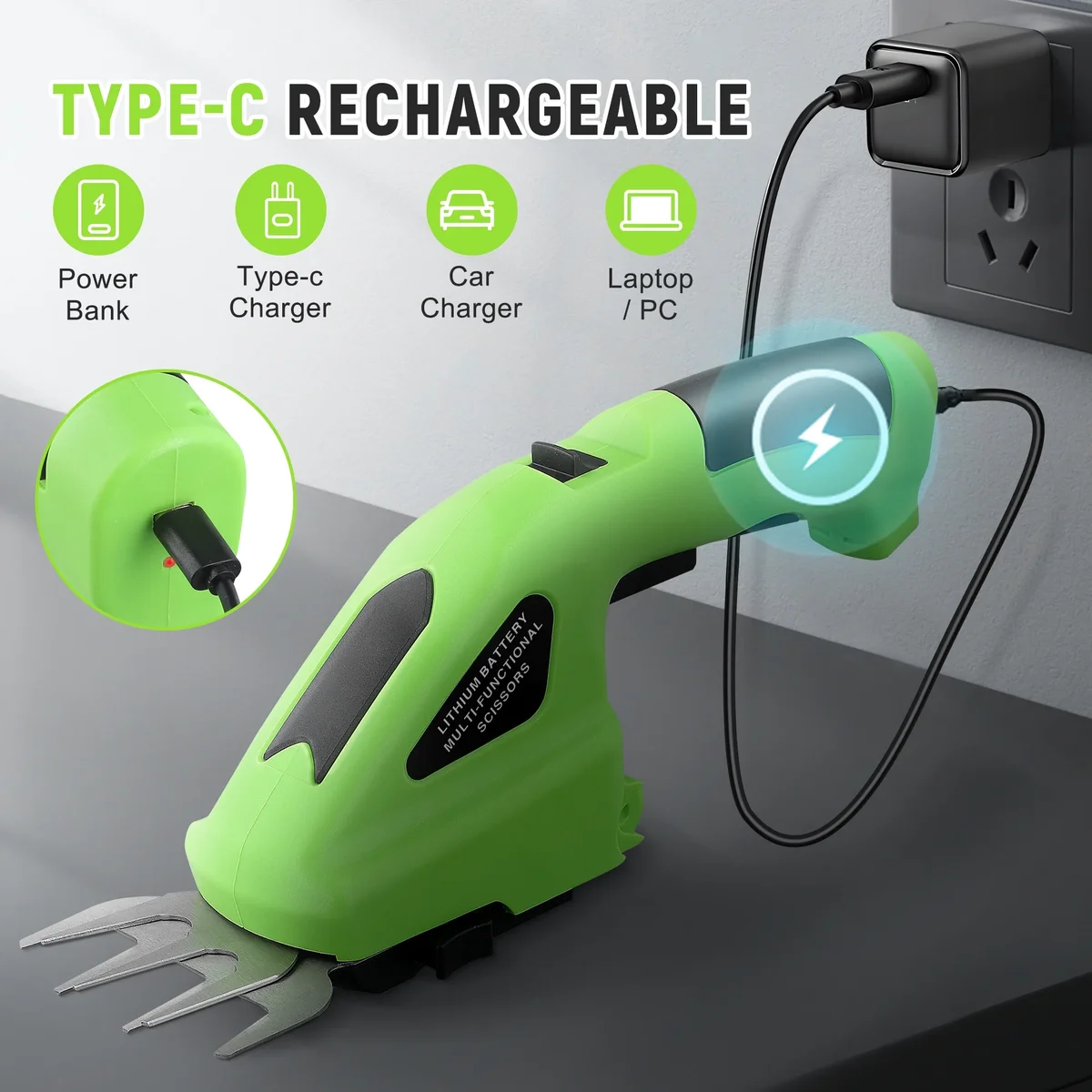 RELOIVE Hedge Trimmer Cordless,2-in-1 Cordless Grass Shears,7.2V Electric Shrub Trimmer with 2.0 Ah Battery,Green 6951