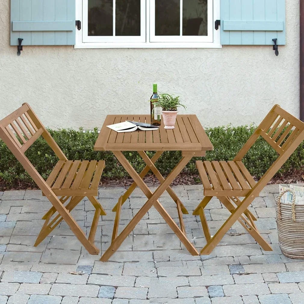 NiamVelo 3Pcs Acacia Wood Folding Patio Bistro Set Patio Furniture Set,Outdoor Wood Conversation Set Modern Bistro Set with Coffee Table Chairs f 8839