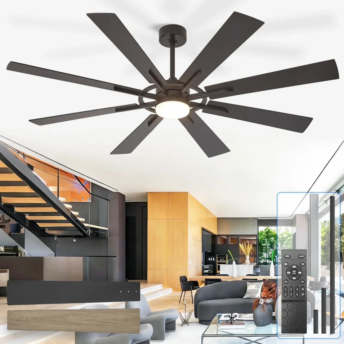 Depuley 72-Inch Black ＆ Burlywood Ceiling Fan with Light，8 Blades Hanging Fan with Remote & APP Control Dimmable LED Light ＆ Memory Functio 6783