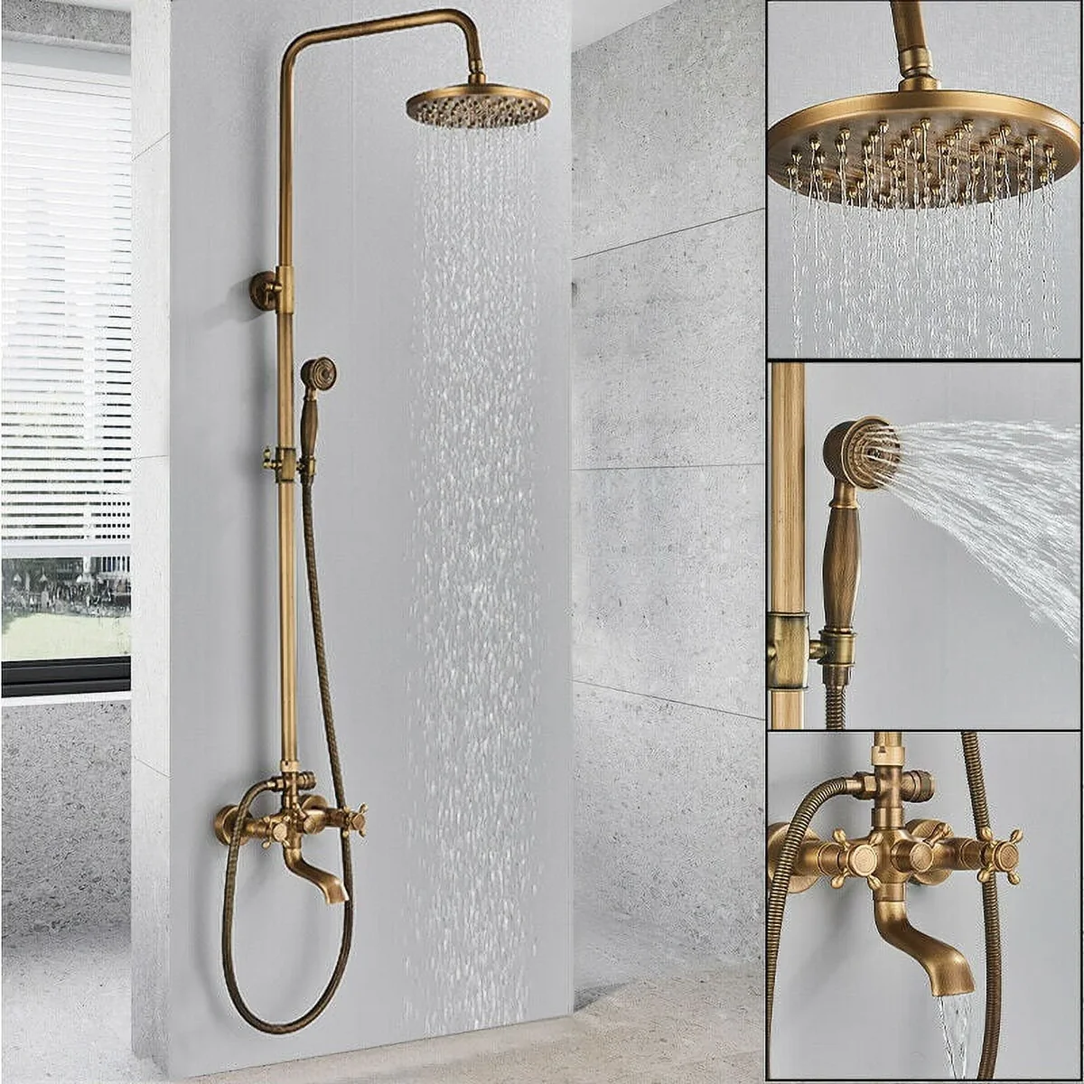 Senlesen Antique Brass Bathroom Shower Faucet mixer set Rainfall Twin Head kit Tub Spout Exposed 5709