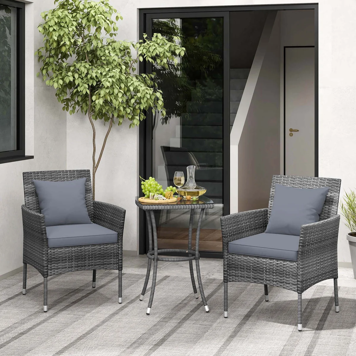 Costway 3 PCS Patio Furniture Set with Cushioned Patio Chairs & Tempered Glass Coffee Table Grey 0198