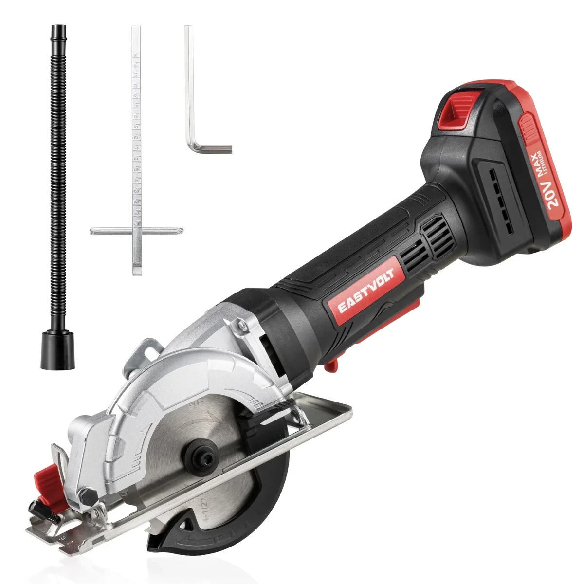 Eastvolt Mini Circular Saw, 20V Cordless Circular Saw with Scale Ruler, Dust Exhaust Pipe, Max Cutting Depth 1-11/16"(90°), 1-1/8"(45°) , 4-1/2 8367
