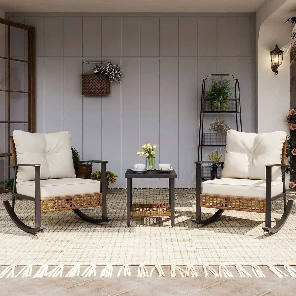 LAUSAINT HOME 3 Pieces Patio Outdoor Conversation Set with 2-Tier Coffee Table, PE Wicker Rocking Chairs with Beige Cushions 3857