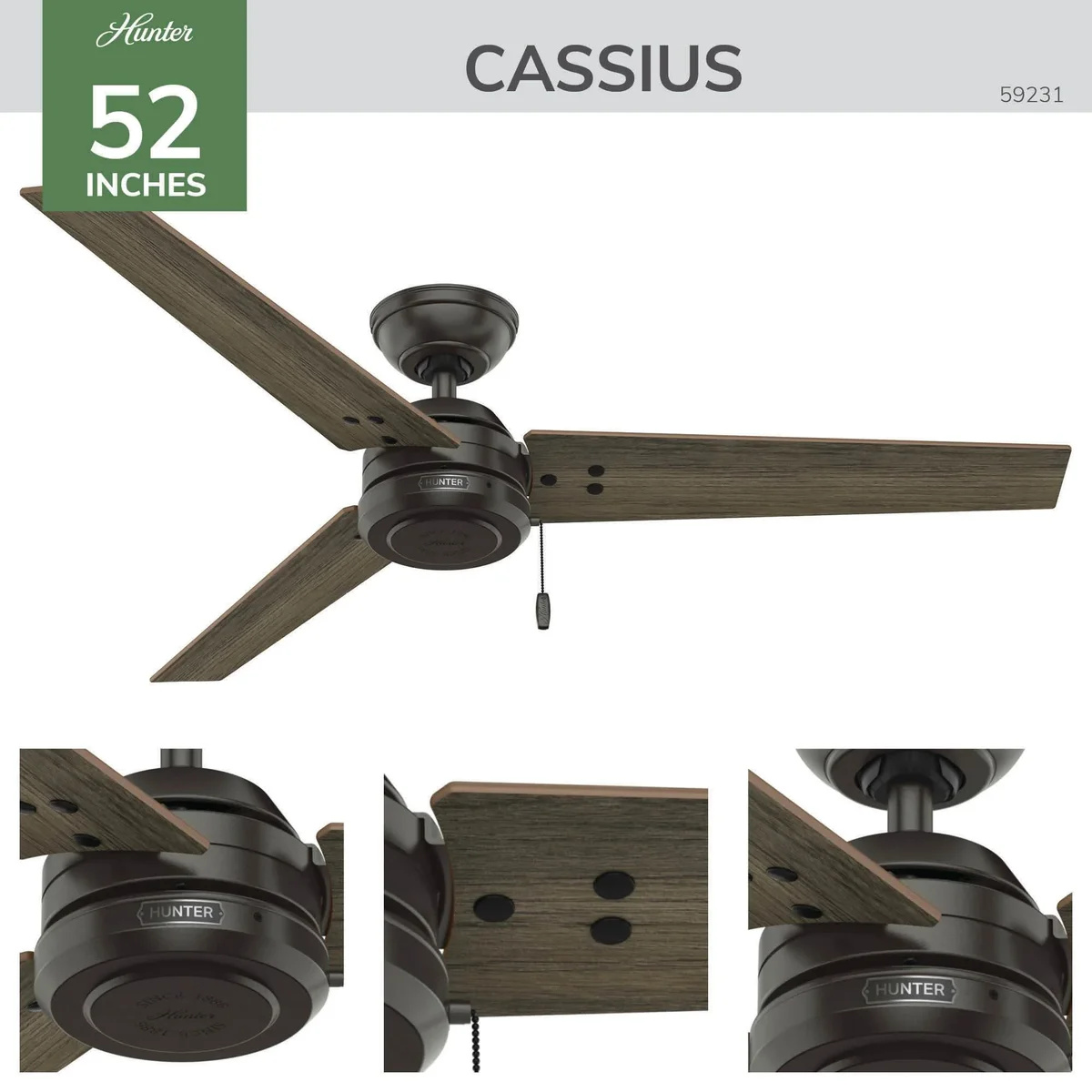 Everdaily Essentials 52 inch Cassius Noble Bronze Damp Rated Ceiling Fan and Pull Chain Ref. 7612