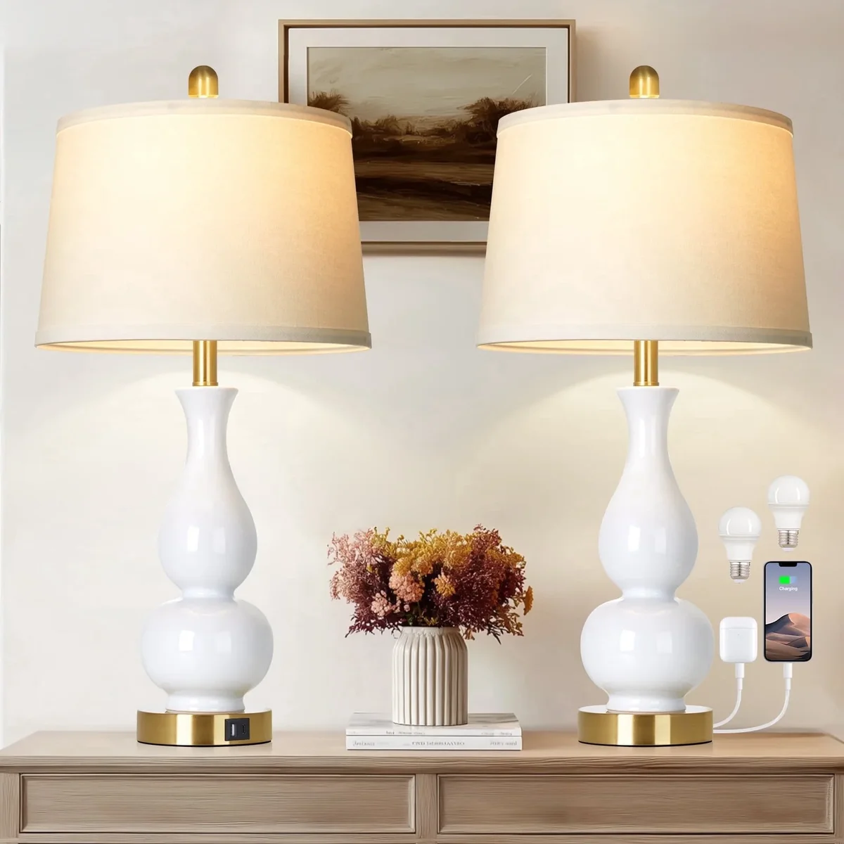 Lolikit 27" Modern Ceramic Table Lamp Set of 2 for Bedroom Living Room,Farmhouse Bedside Nightstand Lamp with USB Charging Port,LED Bulbs Include 9567