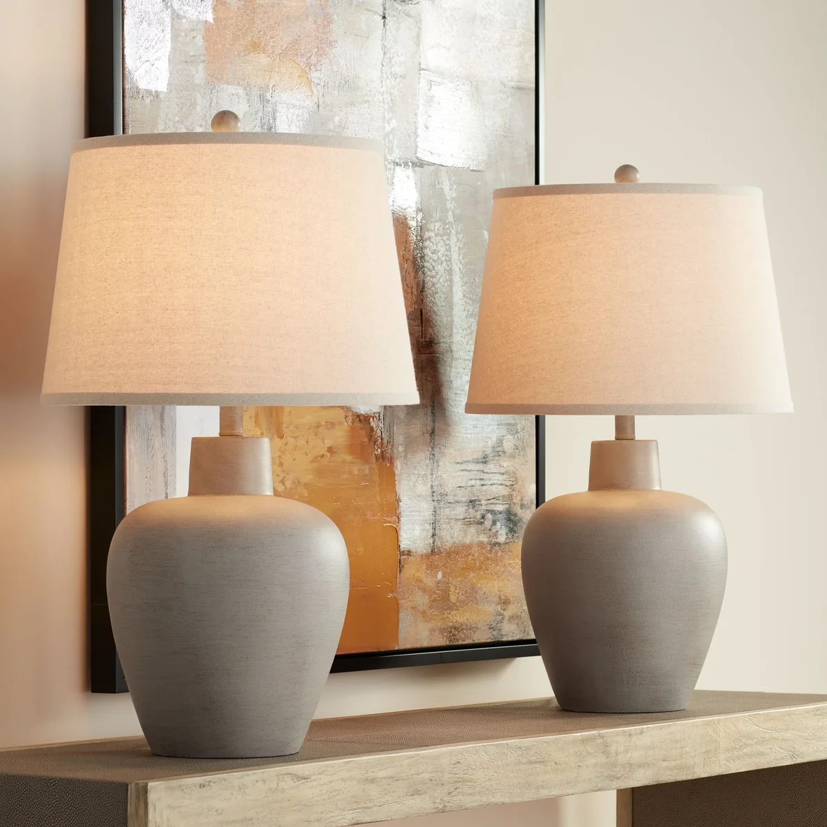 Regency Hill Glenn Rustic Country Cottage Table Lamps 27" Tall Set of 2 Brushed Gray Terra Cotta Beige Fabric Shade for Bedroom Living Room Night 8528