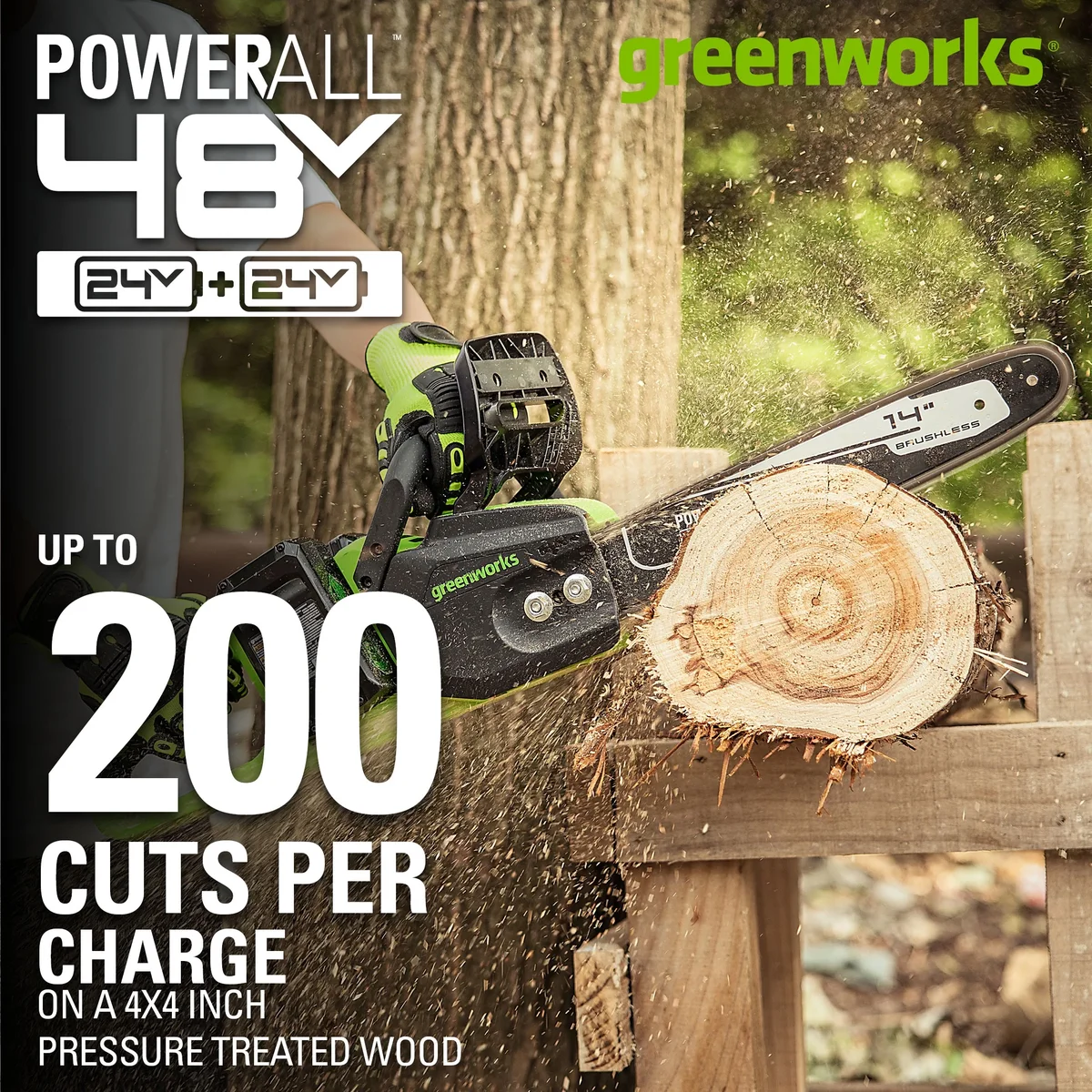 Greenworks 48V (24V x 2) Cordless 14-inch Brushless Chainsaw, with (2) 4Ah USB Batteries and Dual Port Charger, 2017902 8886