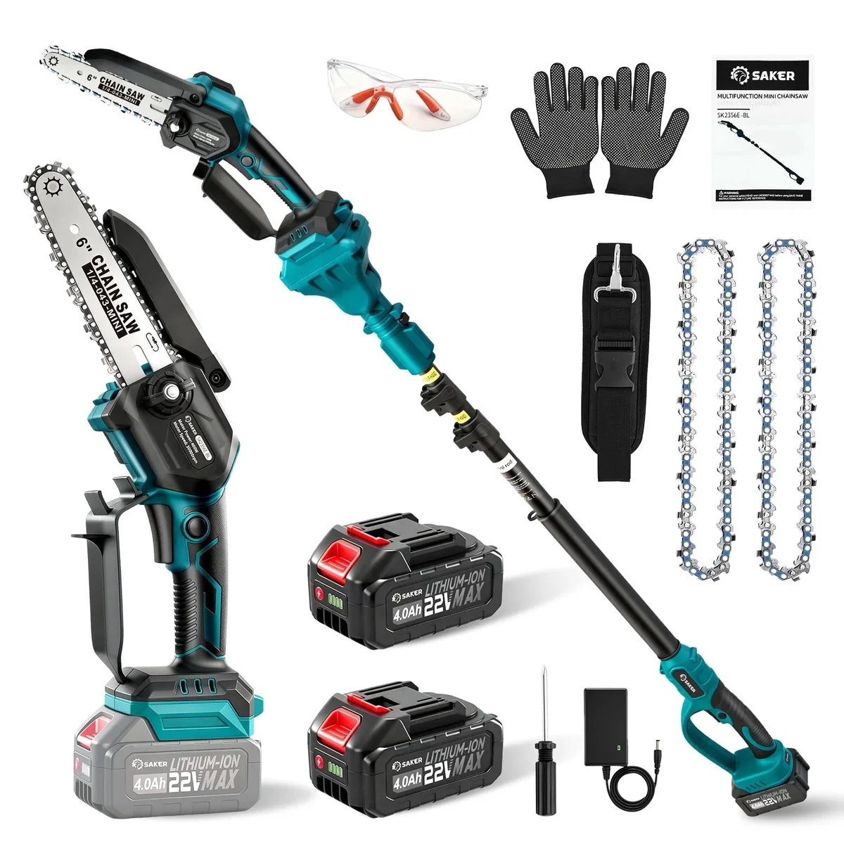 Saker 6-Inch Electric Pole Saw, 2-in-1 Cordless Mini Chainsaw with 2x 22V 4000mAh Batteries, Ideal for Wood Cutting & Tree Trimming 7225