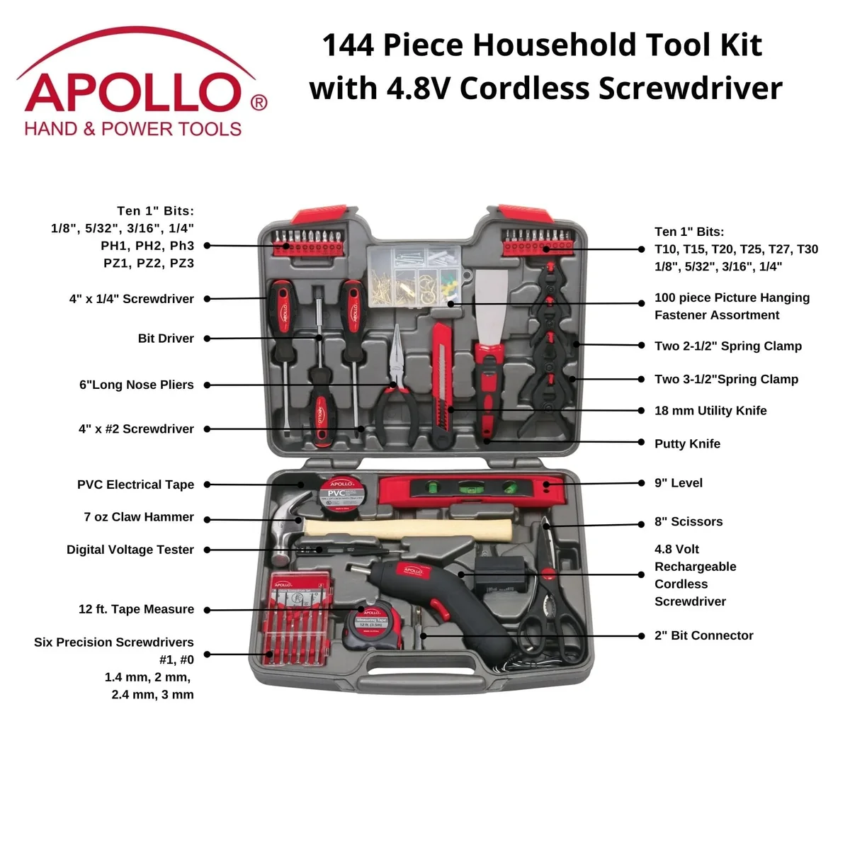 Everdaily Essentials 144 Piece Household Tool Kit with 4.8V Cordless Screwdriver - DT8422 Ref. 3805