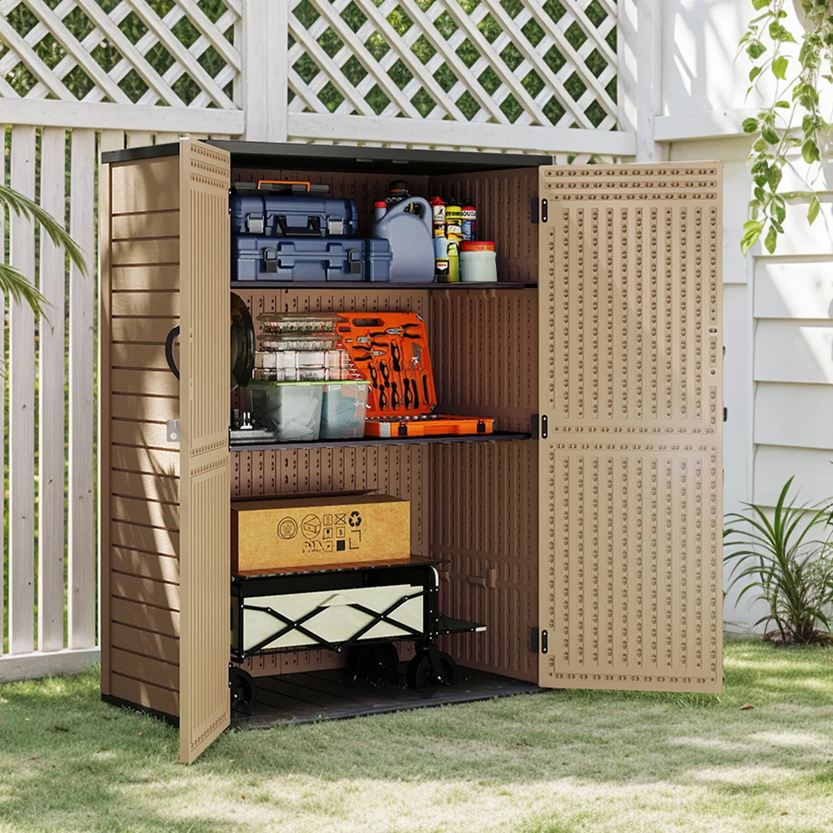 Uforic Outdoor Storage Shed, 59 Cu Ft Tool Shed Ideal for Garden, Garage & Patio, Lockable Door, Brown 2333