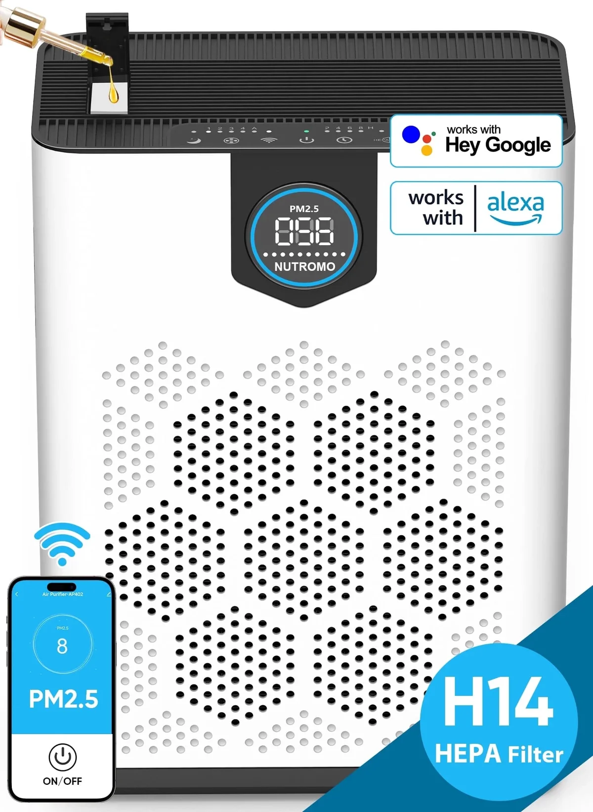 NUTROMO WiFi Smart Air Purifier for Home Large Rooms up to 3000 Sq.Ft., H14 True HEPA, 2 Washable Filters, PM2.5 Display, Alexa & Google Compatib 9477