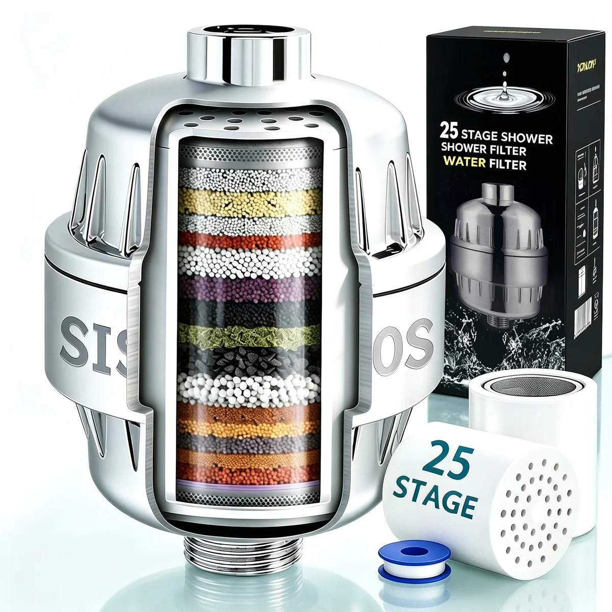Sissinoceros Shower Filter 25 Stage with 2 Replaceable Filter Cartridges - Universal Multi-Stage Shower Head Filter,Reduces Dry Skin 1842