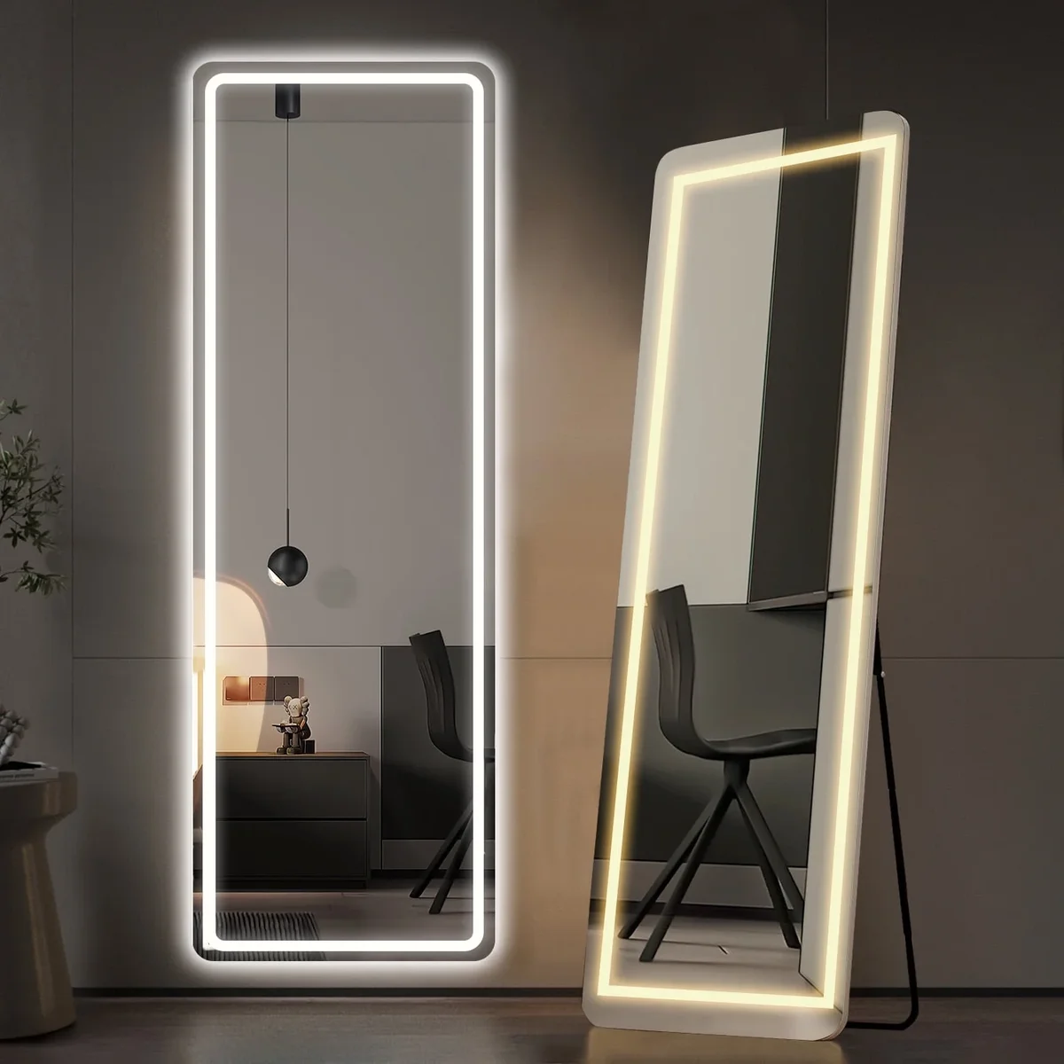 SIMENMAX Full Length Mirror with Lights, 64"x21" LED Full Body Mirror, Free Standing Lighted Floor Mirror, 3 Color Lighting, White 9230