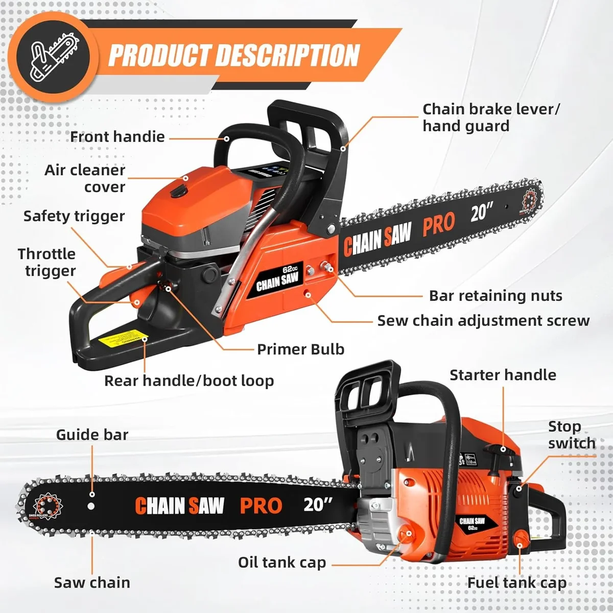 EAYSG 62cc Gas Chainsaw with 20in Bar, 3.5HP Heavy Duty Cordless Chainsaw 2 Cycle Powerful Chainsaws for Tree Felling, Limb Trimming & Firewood 8147