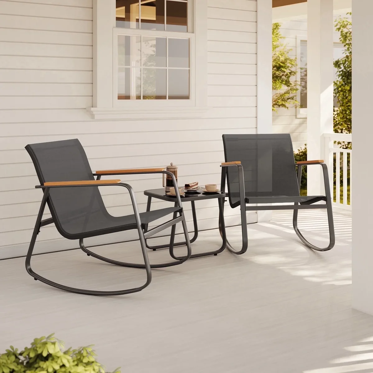 Noelse 3 Piece Outdoor Patio Bistro Set with Rocking Chairs, Weather-Resistant Textilene Conversation Set with Coffee Table for Porch, Balcony, L 8707