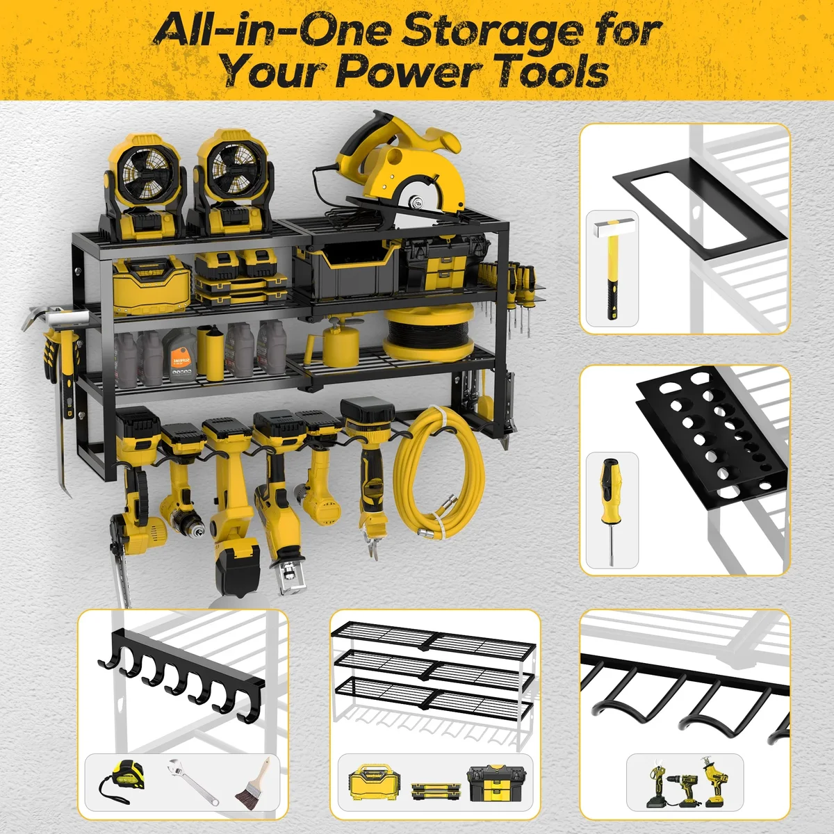 Riousery Heavy Duty Power Tool Organizer Wall Mount, 4-Tier Garage Storage Tool Rack with 8 Cordless Drill Holders, 350 LBS Capacity 6705