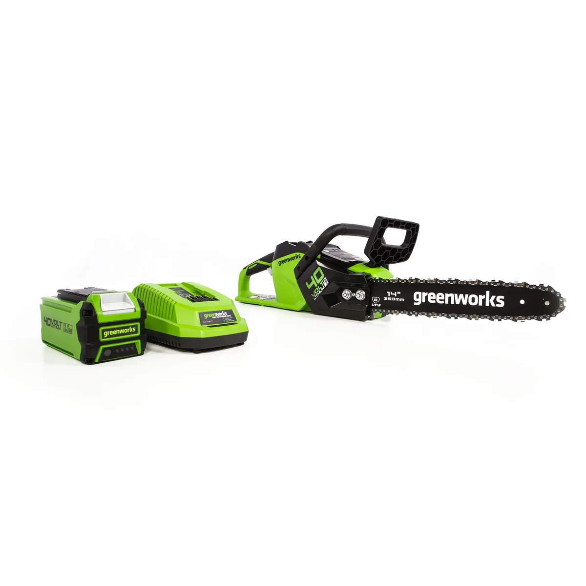 Greenworks 40V 14-inch Brushless Chainsaw with 2.5 Ah Battery and Charger, 2012802 1802