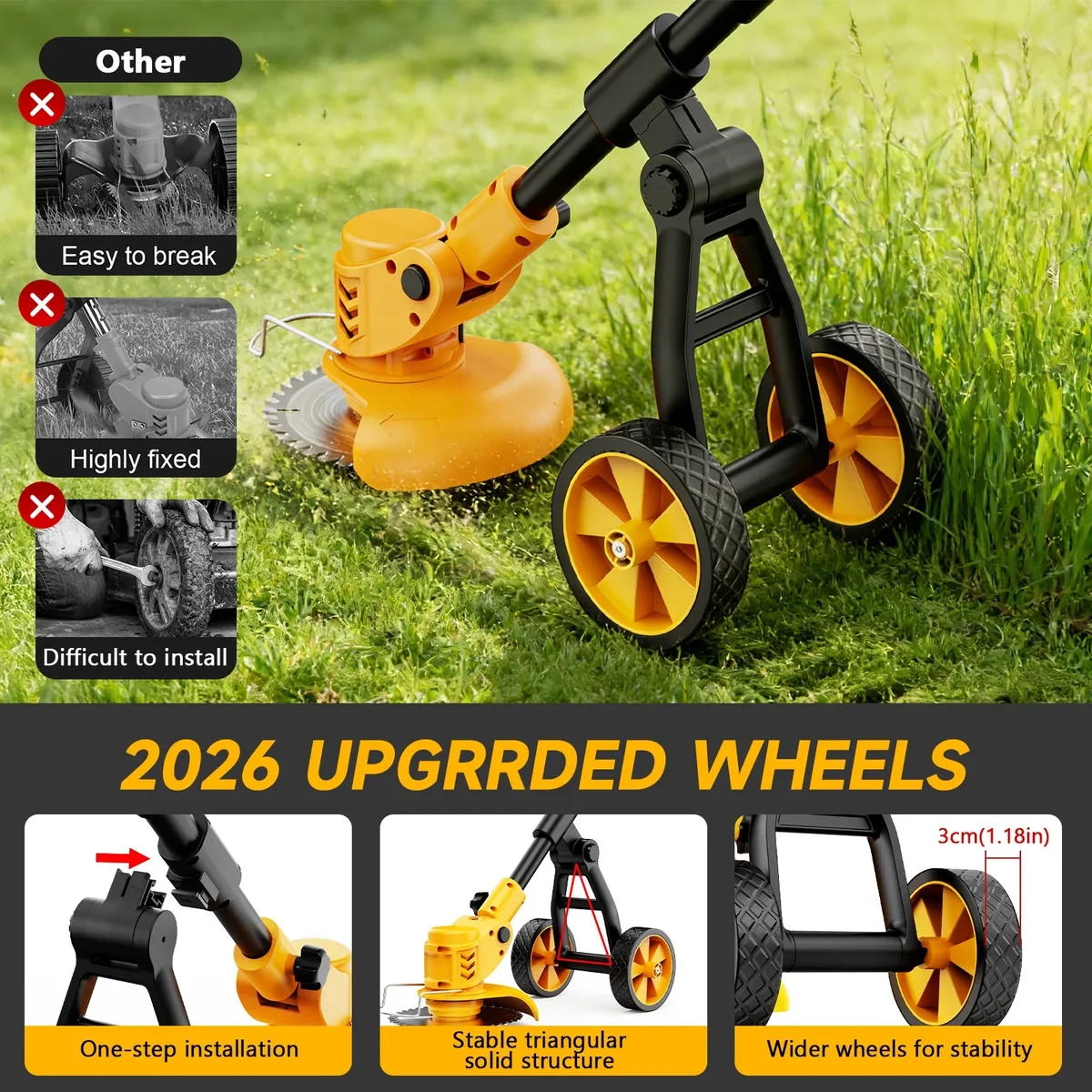 Lemolifys 6-inch Weed Eaters with Wheels & 3 Blades, 21V Battery String Trimmer for Lawn Yard Garden 4422