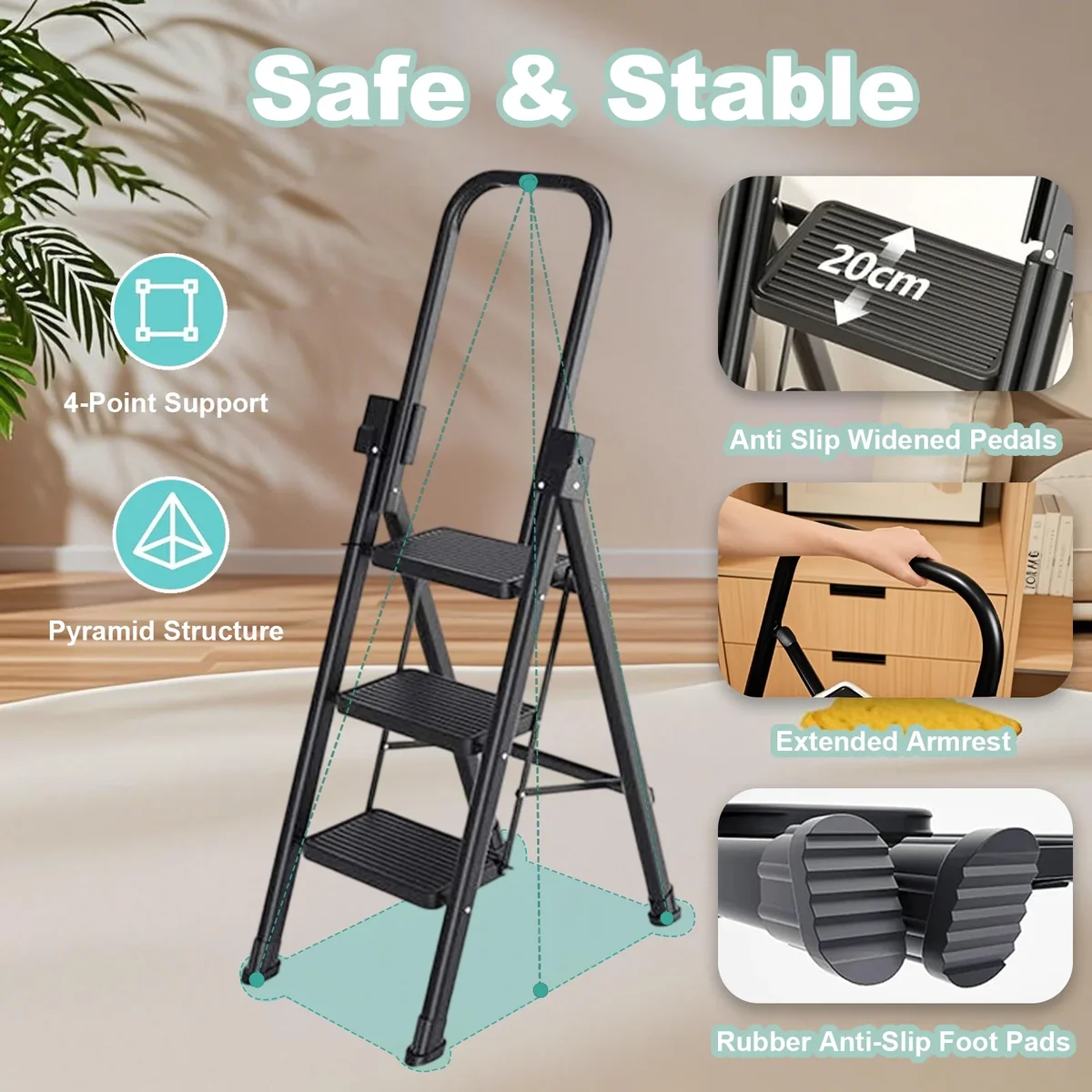 Beuway 3-Step Folding Ladder,with Foldable Extended Handrail & Wide Anti-Slip Pedal Step Stool(Black) 2945