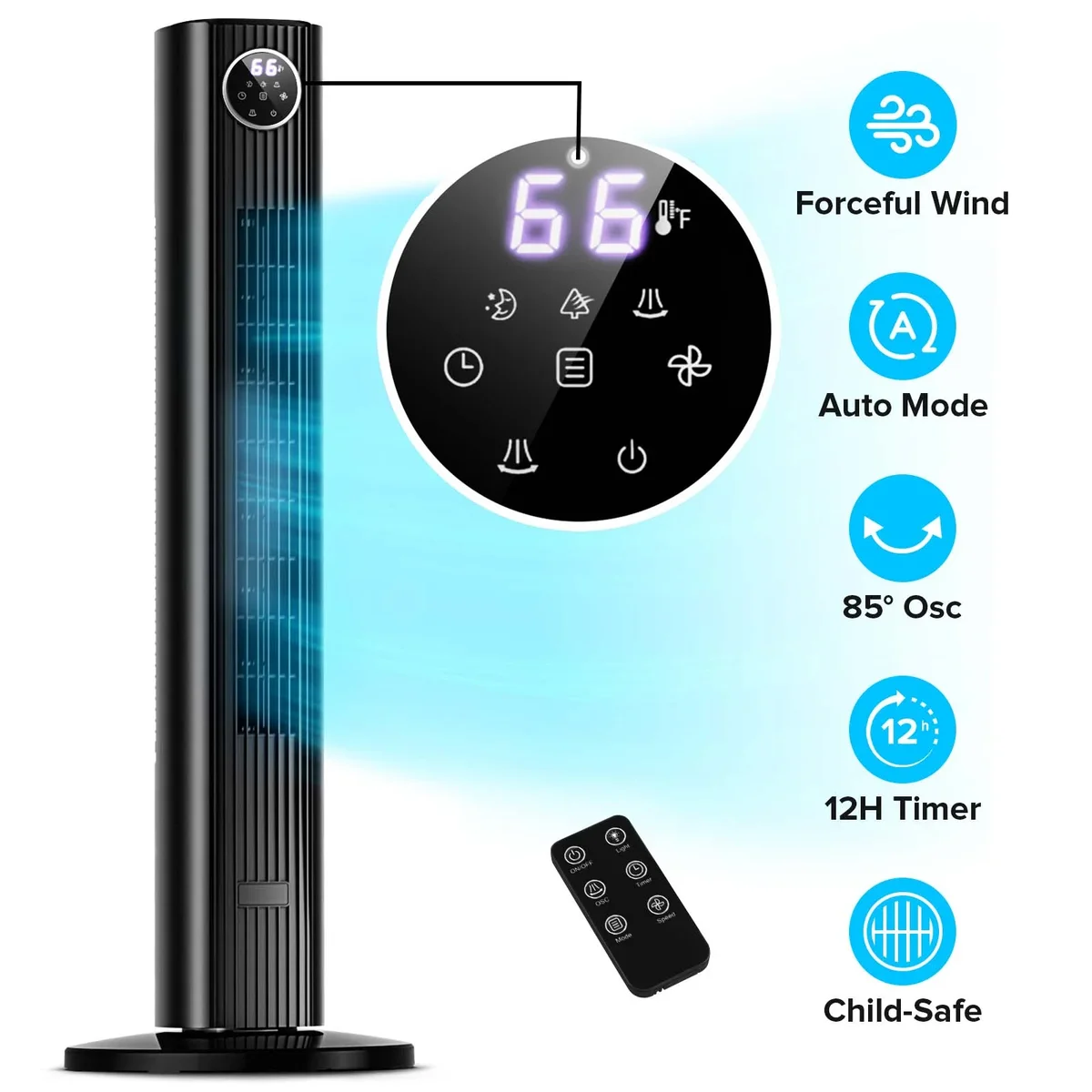 KISSAIR 35" Bladeless Tower Fan, Quiet Oscillating Fan with Remote, 4 Modes & 3 Speeds, 12H Timer, LED Display, Safe for Kids & Pets, Ideal for B 9544