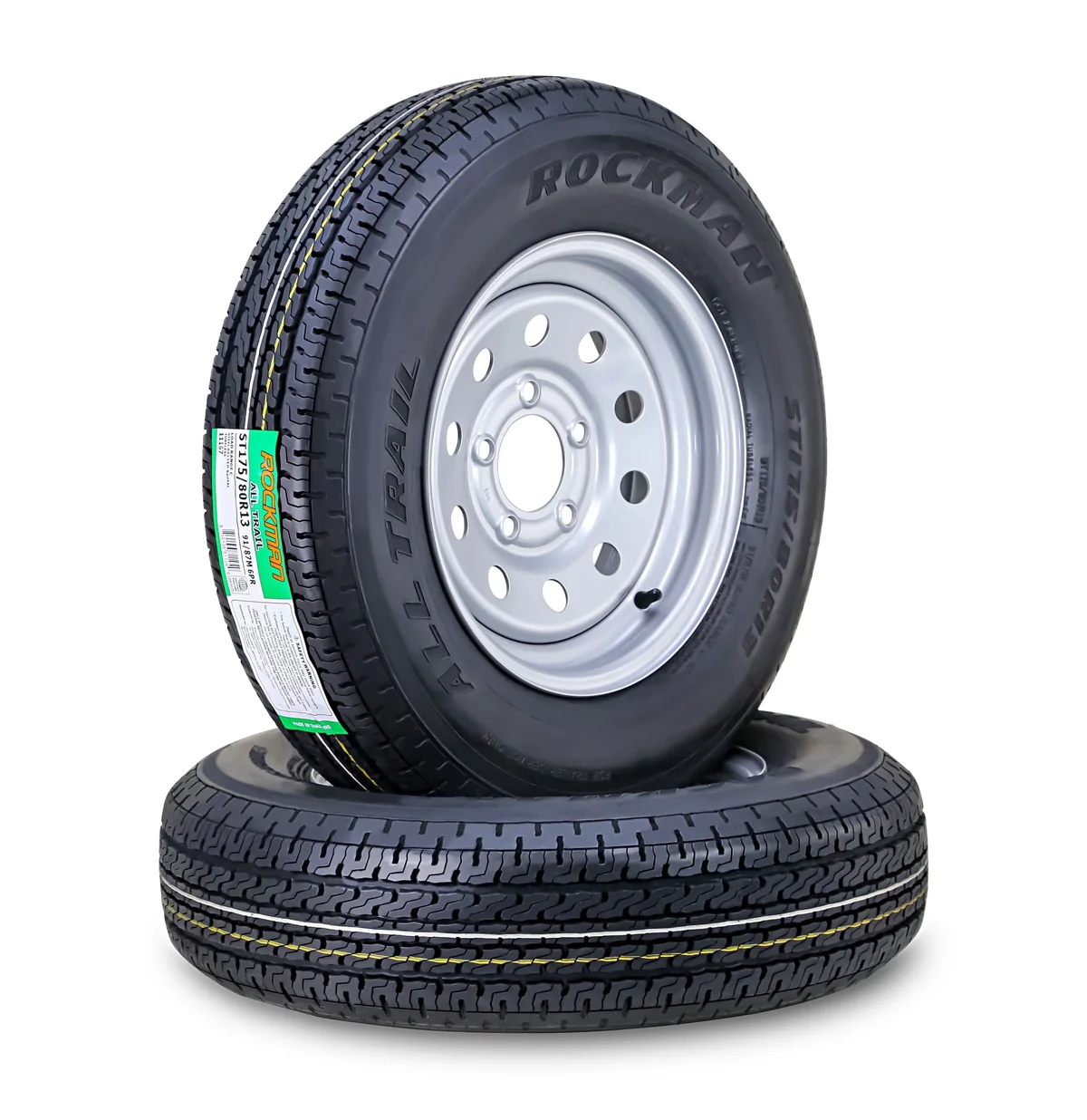 ROCKMAN Trailer Tire Wheel Assembly ST175/80R13 6-Ply C 91M 5 Lug on 4.5" PCD Silver Mod Rim ,SET 2 0564