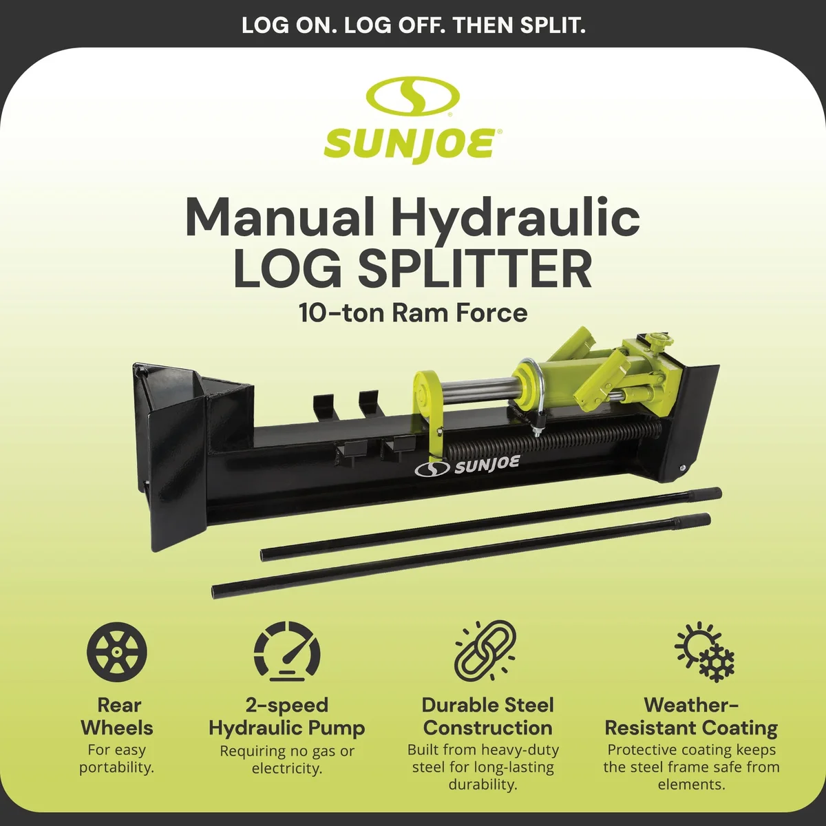 Sun Joe Hydraulic Steel Beam Log Splitter, 10 Ton Capacity Firewood Tool, Green, LJ10M 5367