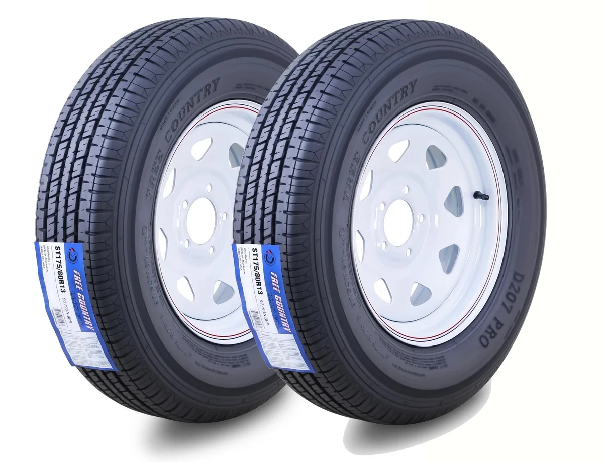 Free Country Trailer Tire Wheel Assembly ST175/80R13 8-Ply D 97M 5 Lug on 4.5" PCD White Spoke Rim ,SET 2 5581