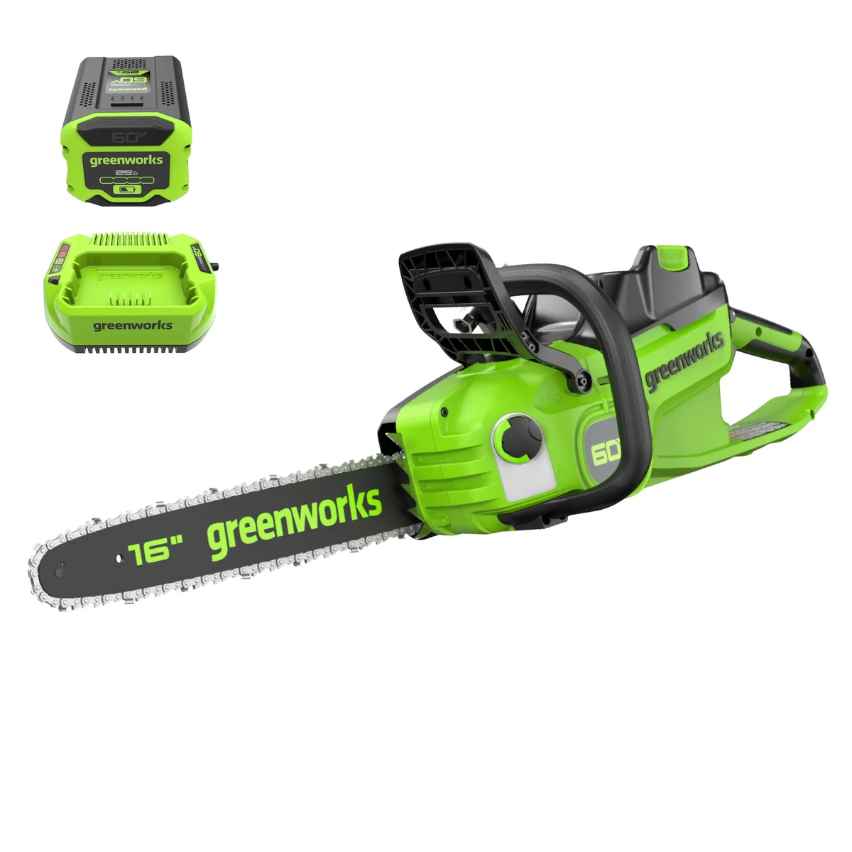 Greenworks 60V 16" 1.5kW Brushless Chainsaw with 2.5 Ah Battery & 3 Amp Charger 2028602 5656