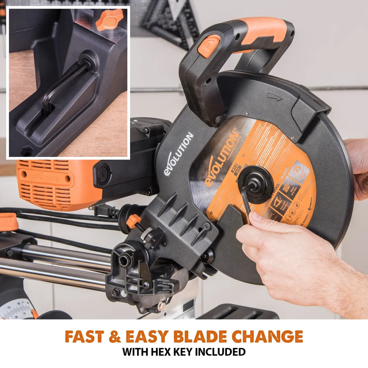 Evolution R255SMS-DB+: Dual Bevel Sliding Miter Saw With 10 in. Multi-Material Cutting Blade 9926