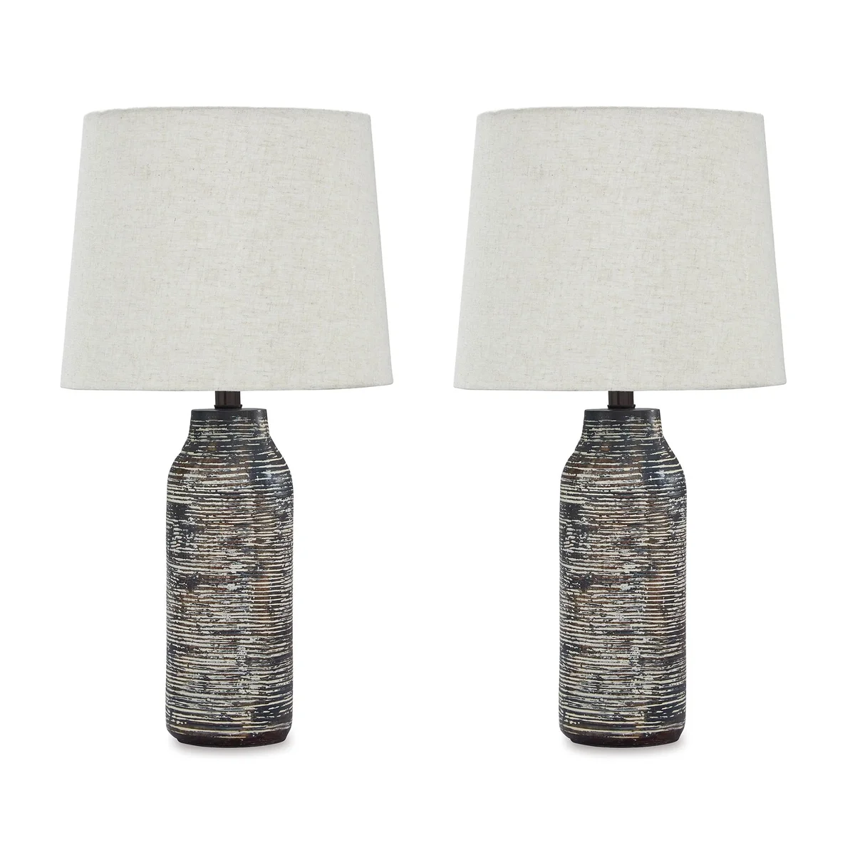 Signature Design by Ashley Mahima Table Lamp Set (2), Black/White, Textured Paper Composite Lamps with Drum Shades and 3-Way Switch 2854