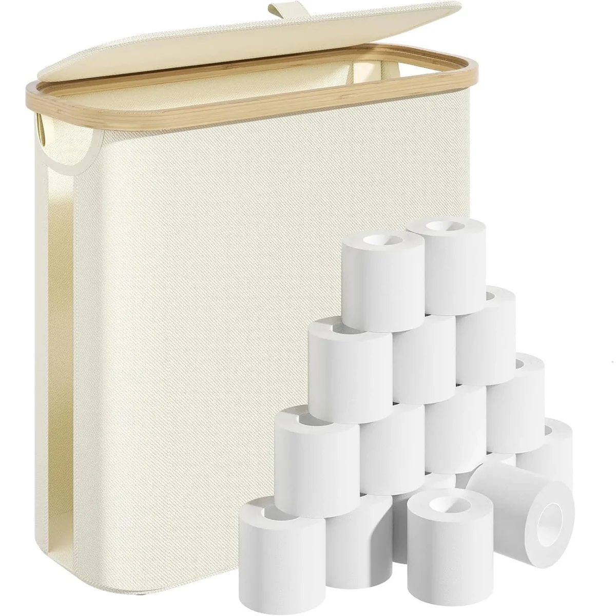 Kimmama Bathroom Toilet Paper Storage Basket with Lid and Handle， Bamboo Collapsible Toilet Paper Holder Storage with Non-Slip Bottom ,Extra Toilet Rol 2067