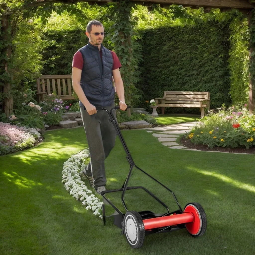Yardi Yarda 14 Inch Push Lawn Mower with 5 Steel Blades and Grass Catcher Bag, Lawn Mower for Outdoor as Yard, Red 6497